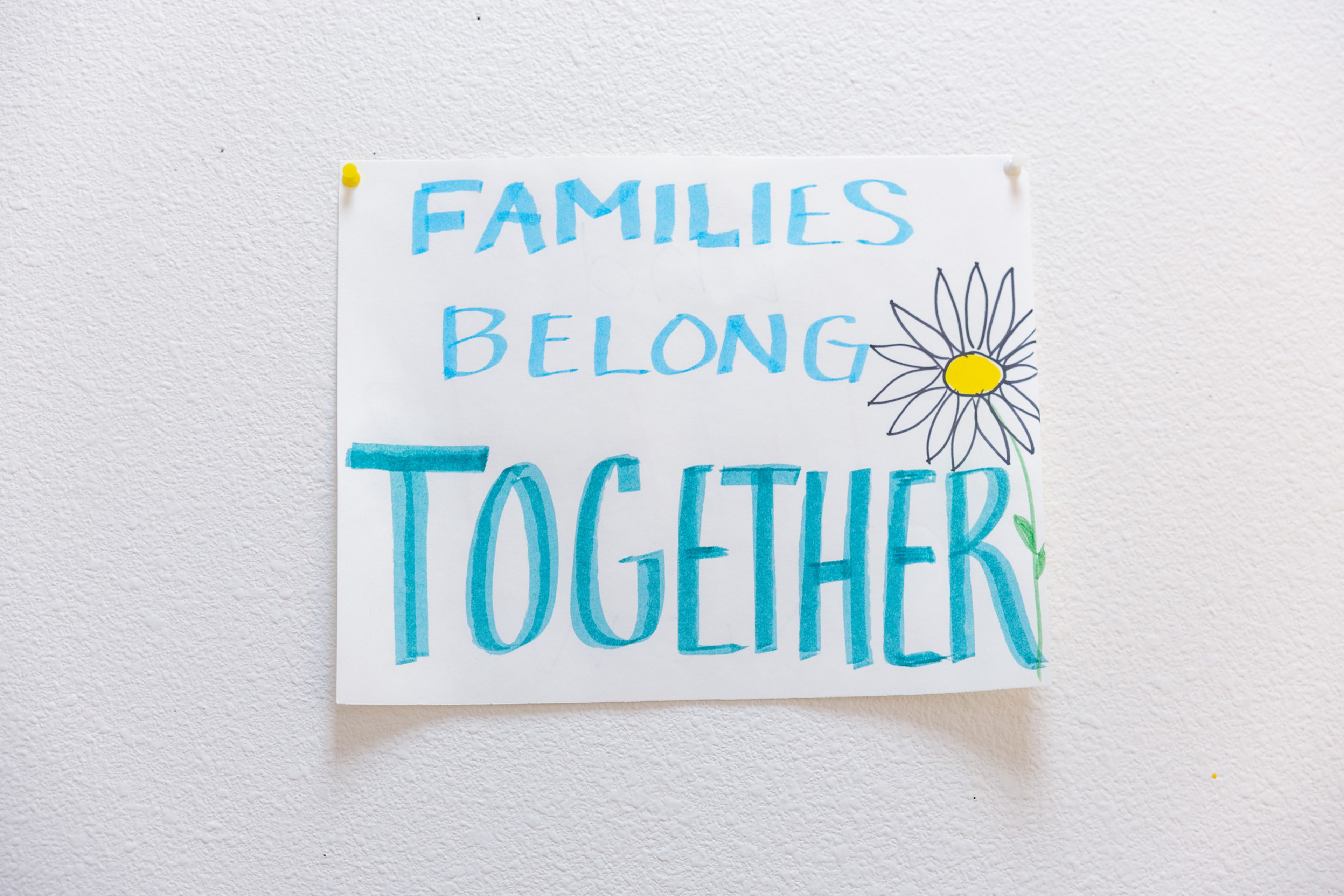 A handwritten sign pinned to a wall reads “FAMILIES BELONG TOGETHER” in blue letters, with a drawing of a daisy flower on the right side.