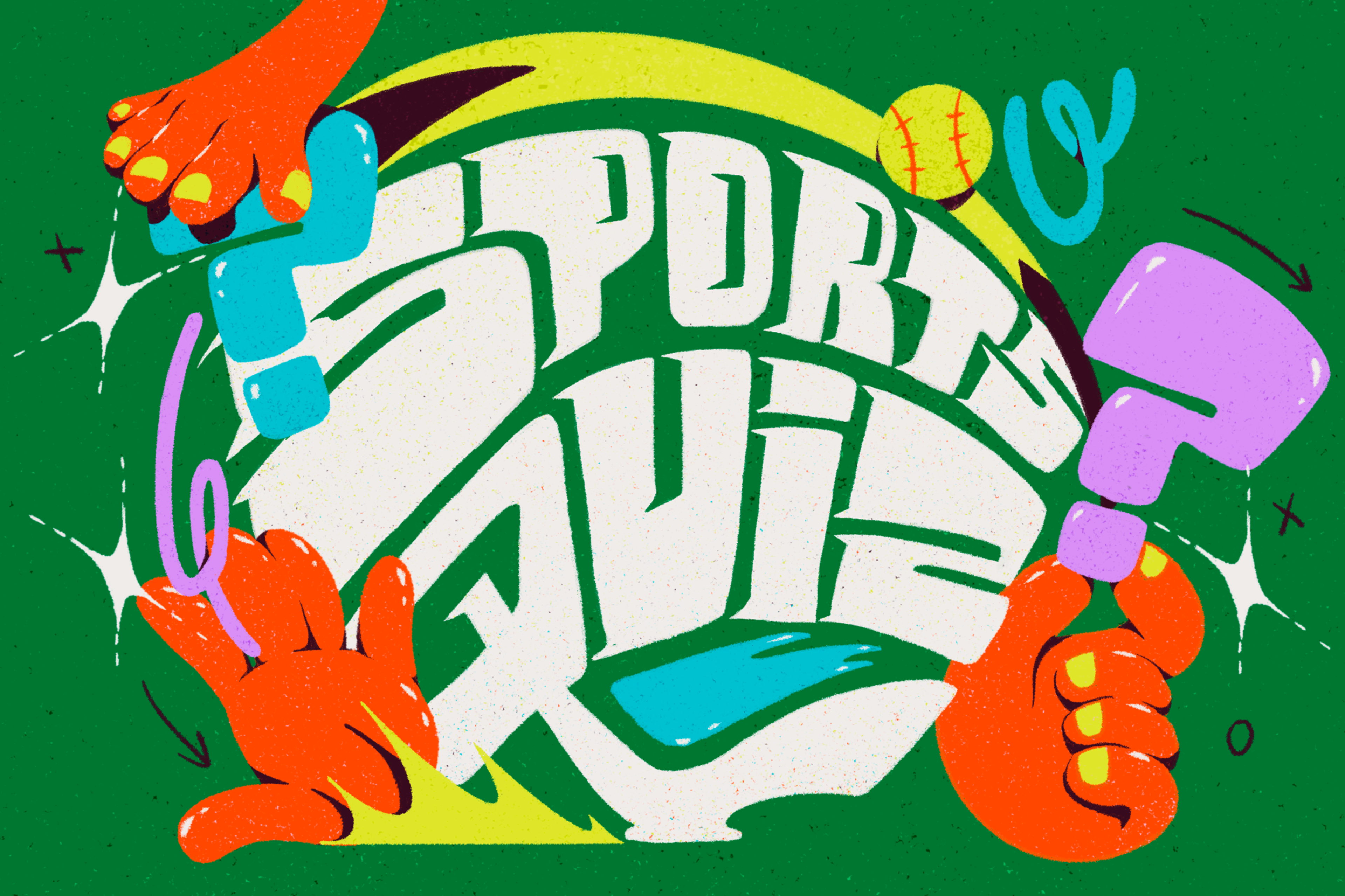 The image features bold, stylized text saying SPORTS QUIZ, with colorful question marks, sports equipment, and cartoon-style hands on a green background.