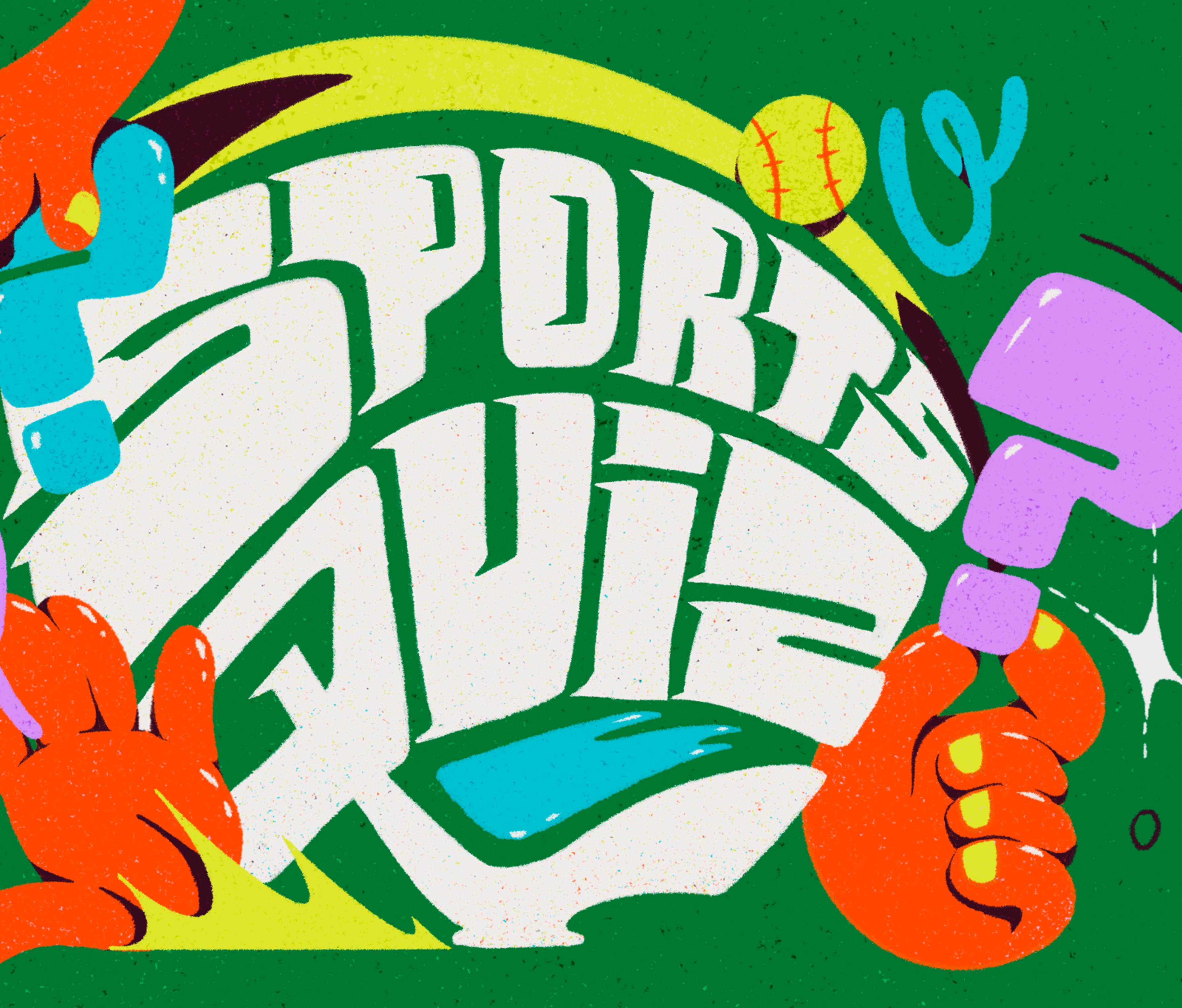 The image features bold, stylized text saying "SPORTS QUIZ," with colorful question marks, sports equipment, and cartoon-style hands on a green background.