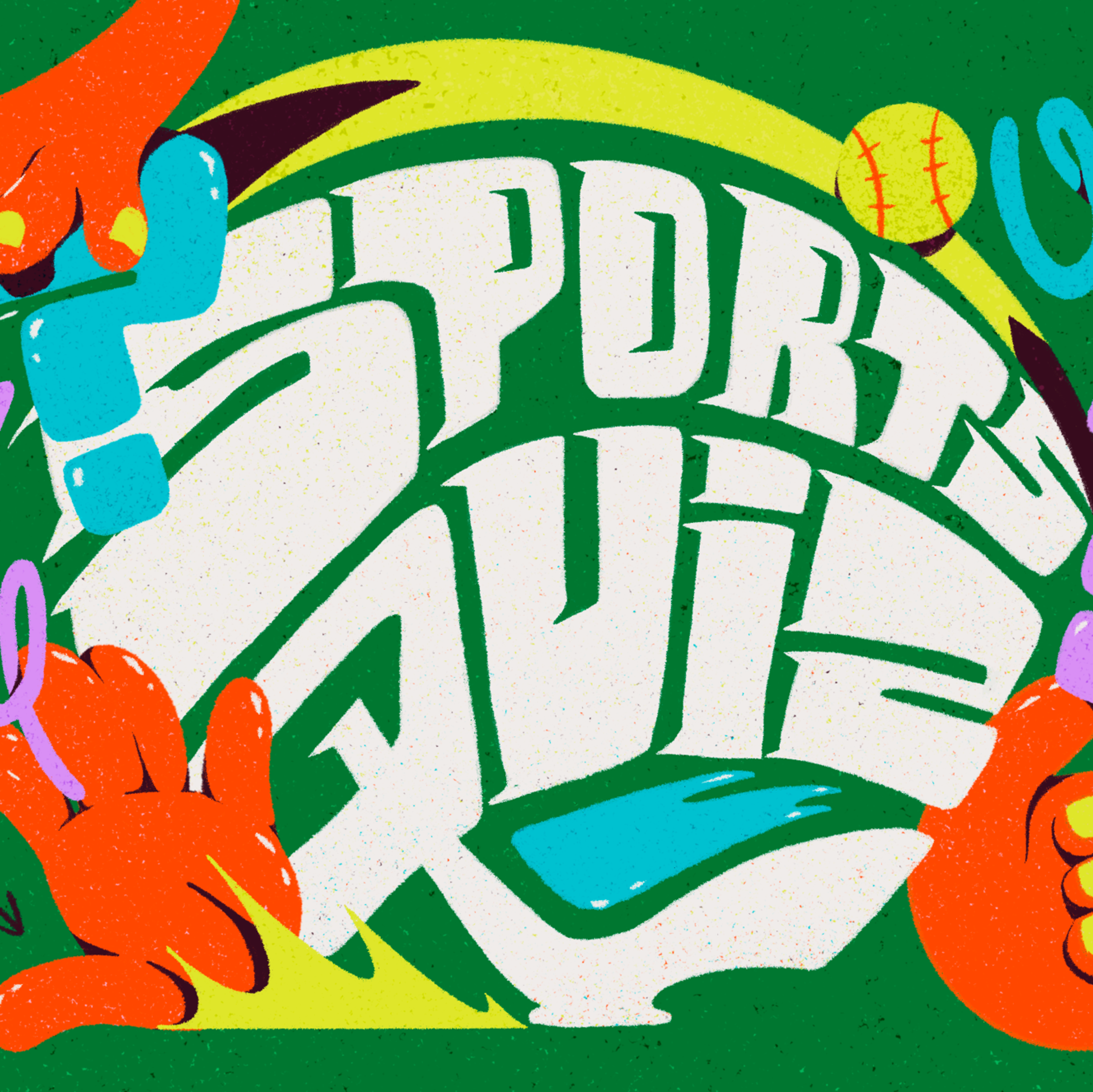 The image features bold, stylized text saying SPORTS QUIZ, with colorful question marks, sports equipment, and cartoon-style hands on a green background.