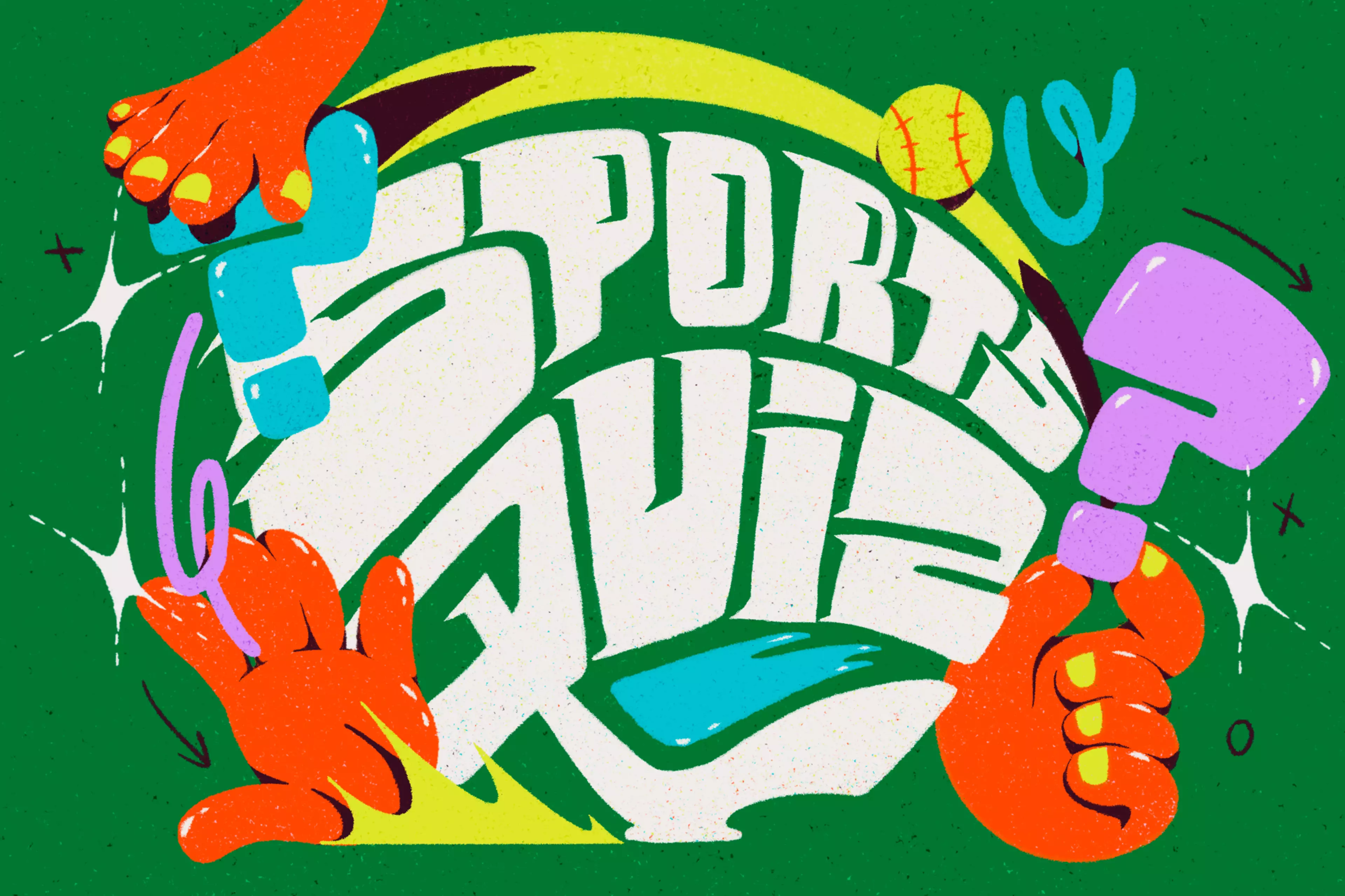 The image features bold, stylized text saying SPORTS QUIZ, with colorful question marks, sports equipment, and cartoon-style hands on a green background.