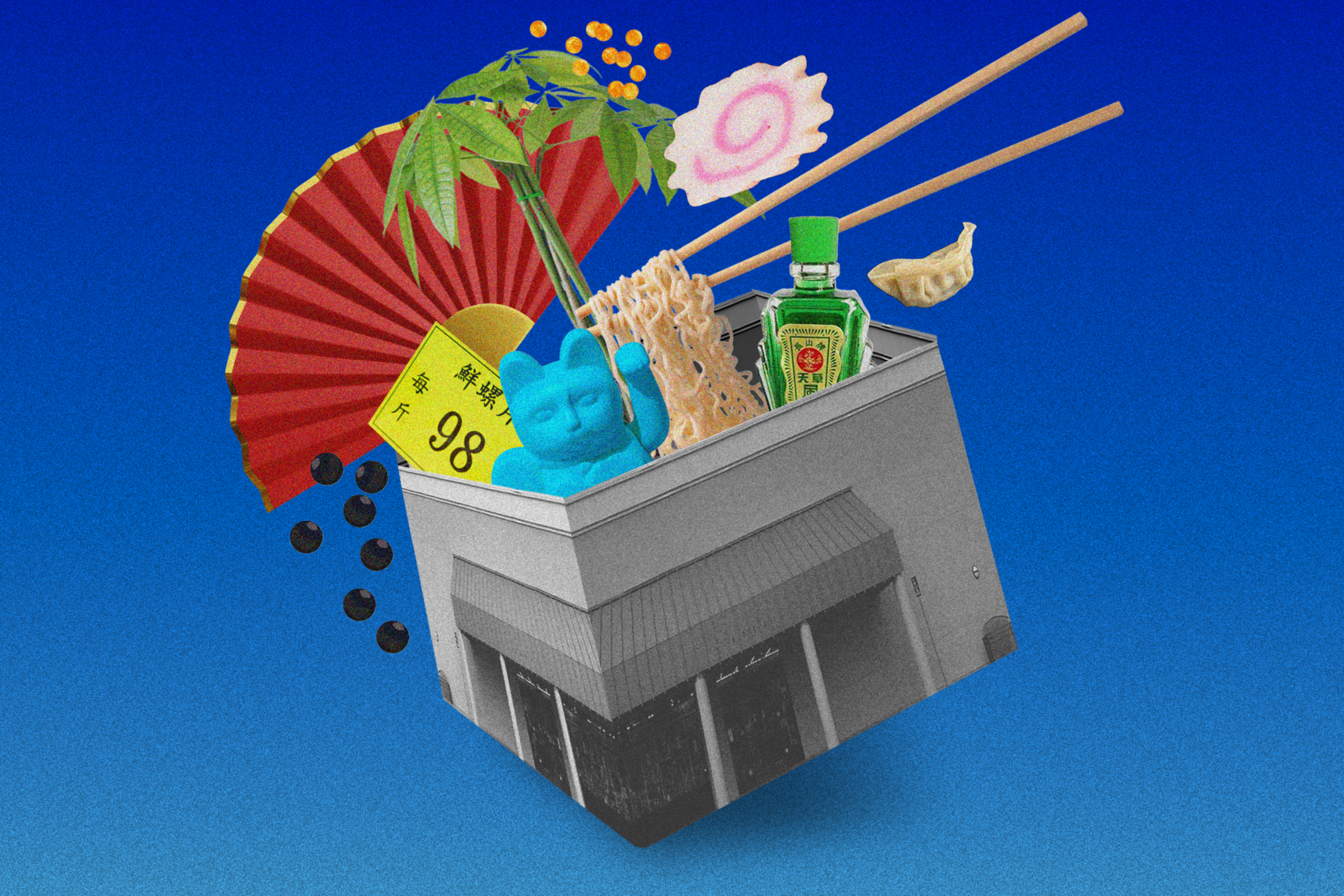 A building is overlaid with a red fan, a blue cat figurine, a liquor bottle, chopsticks with noodles, a dumpling, black beads, and a price tag, all on a blue background.