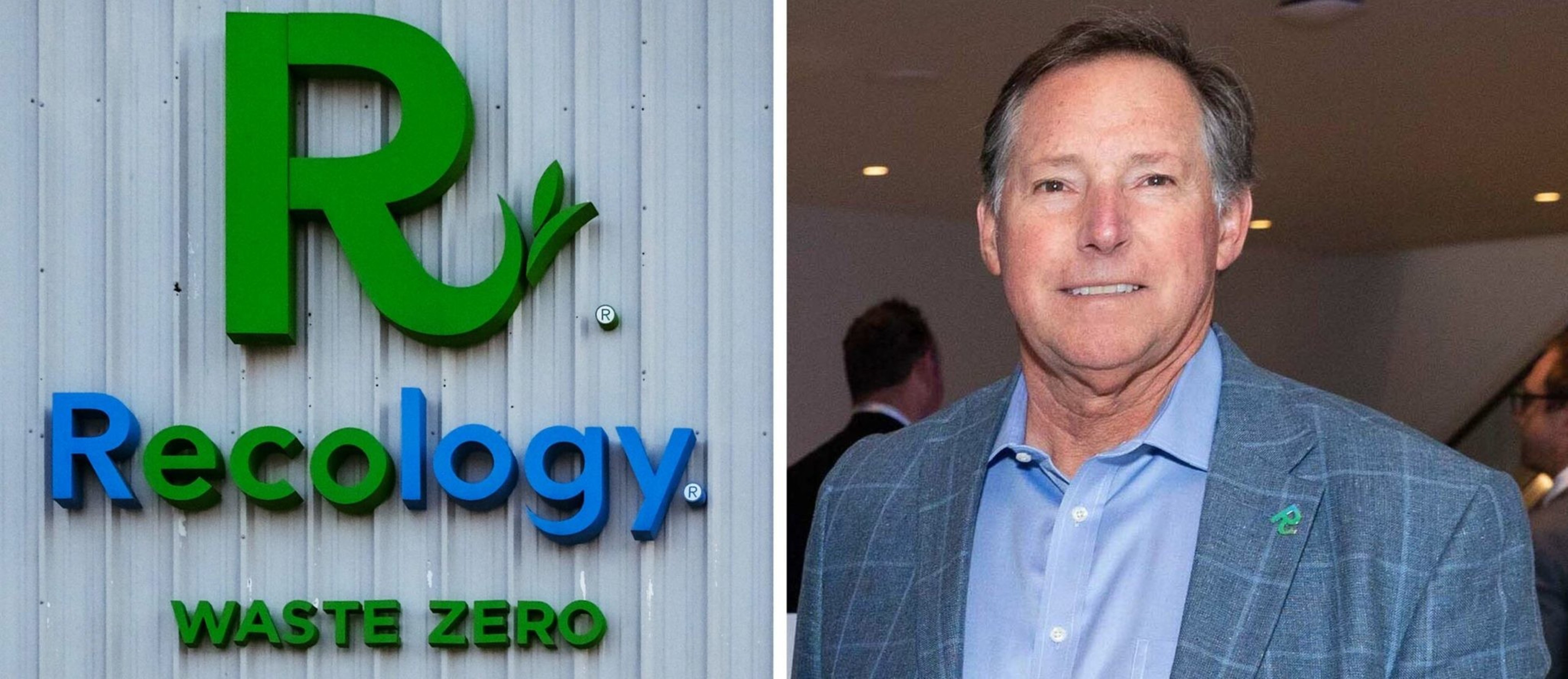 A green and blue "Recology WASTE ZERO" sign is displayed next to a man in a blue checkered blazer and light blue shirt with a green pin on his lapel.