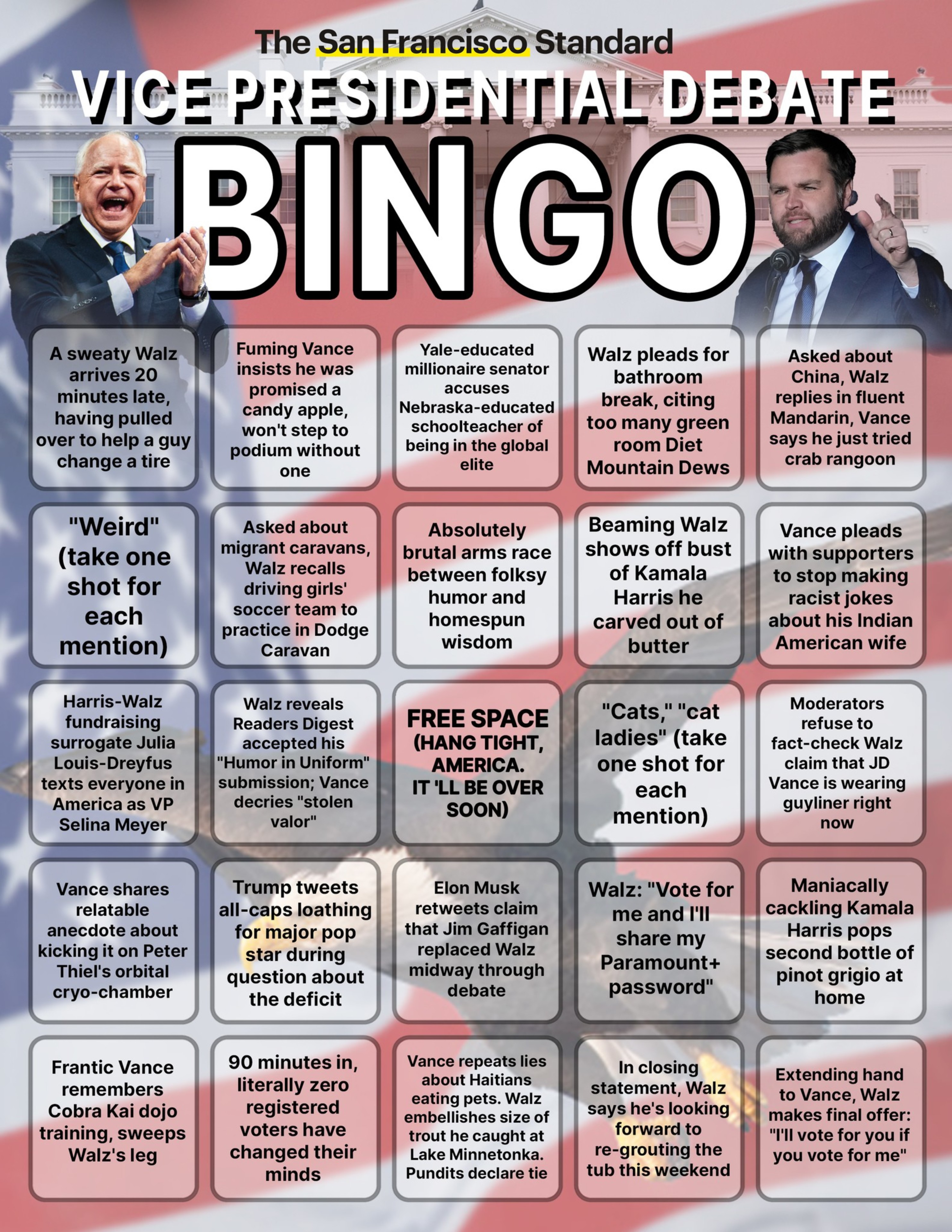 The image is a bingo card titled &quot;Vice Presidential Debate Bingo&quot; with humorous debate-related scenarios. The background features two men behind podiums, a flag, and a building.