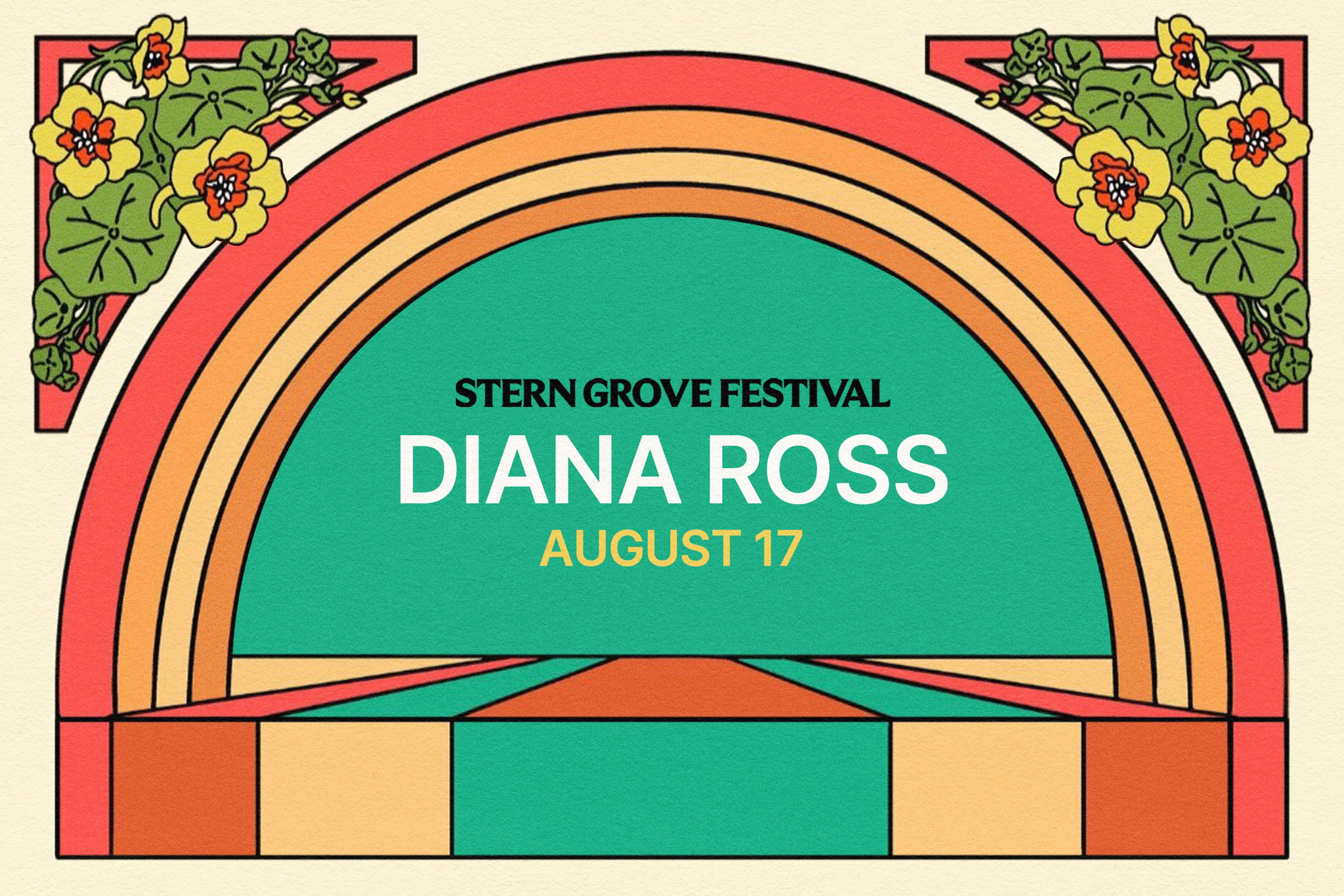 Stern Grove Festival poster with stylized floral corners, an arched rainbow design, and text announcing Diana Ross performing on August 17.