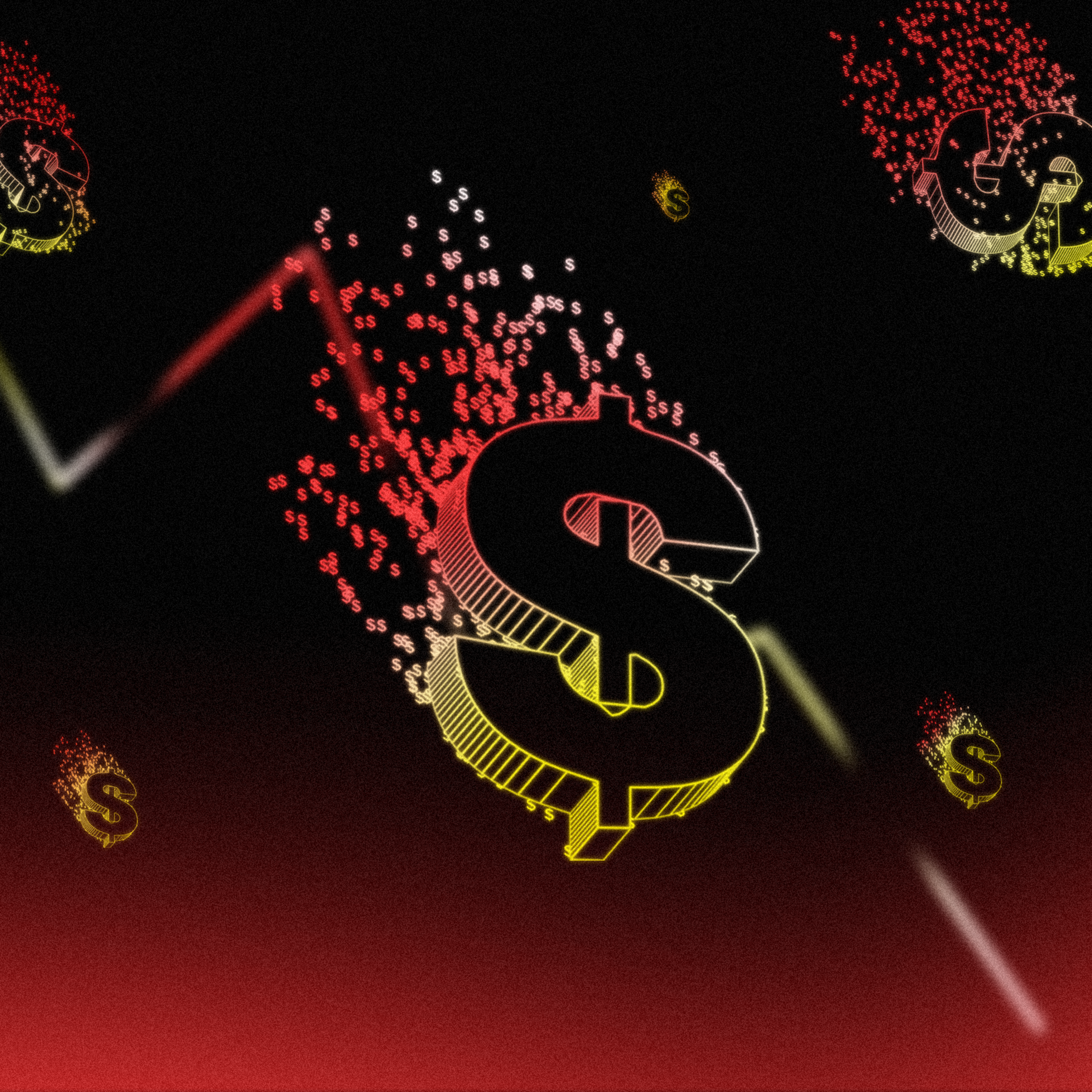 The image depicts a falling dollar sign made of smaller dollar symbols, against a black background with red and yellow accents, suggesting financial decline.