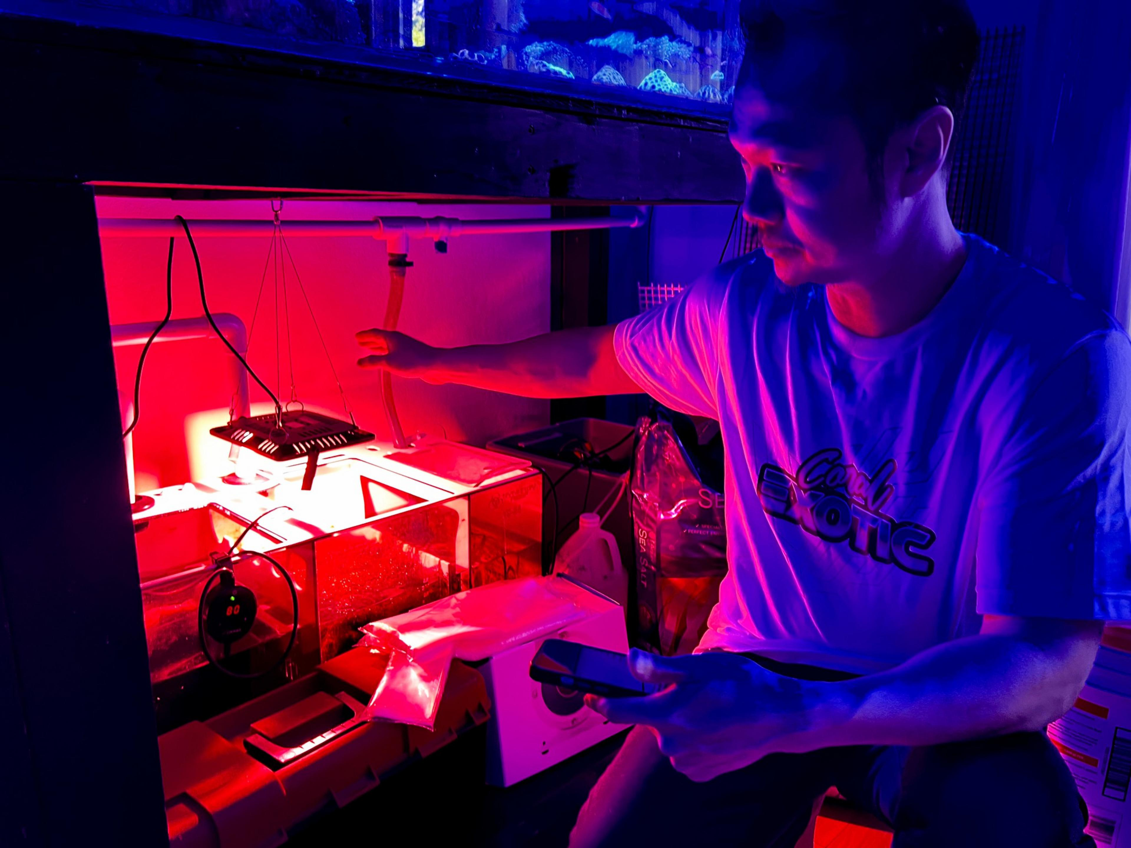 A person by an aquarium lit with red light is holding a phone, with various equipment visible.
