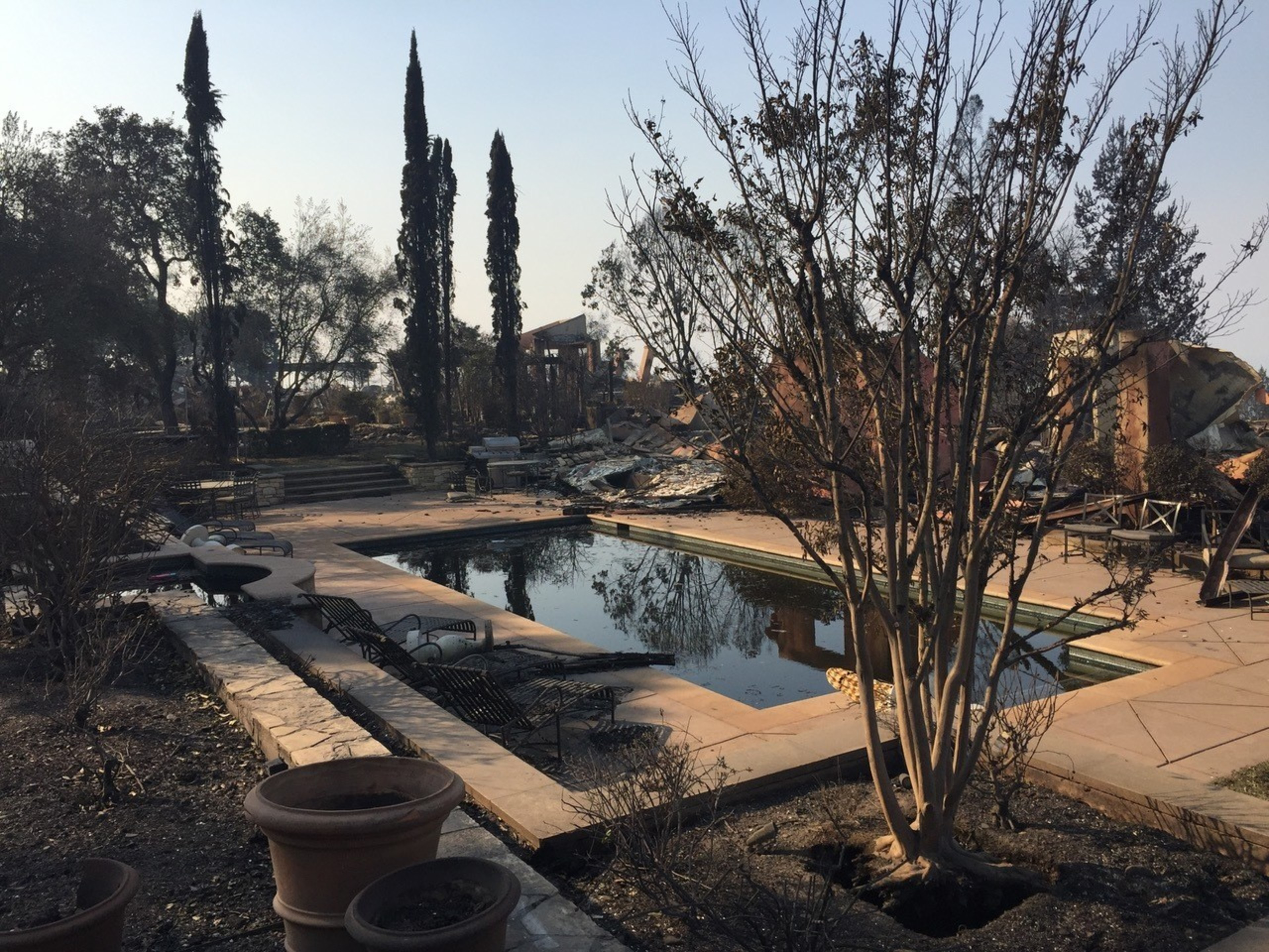 The image shows a pool surrounded by burned trees and vegetation, with charred lounge chairs nearby and what appears to be a building destroyed by fire in the background.