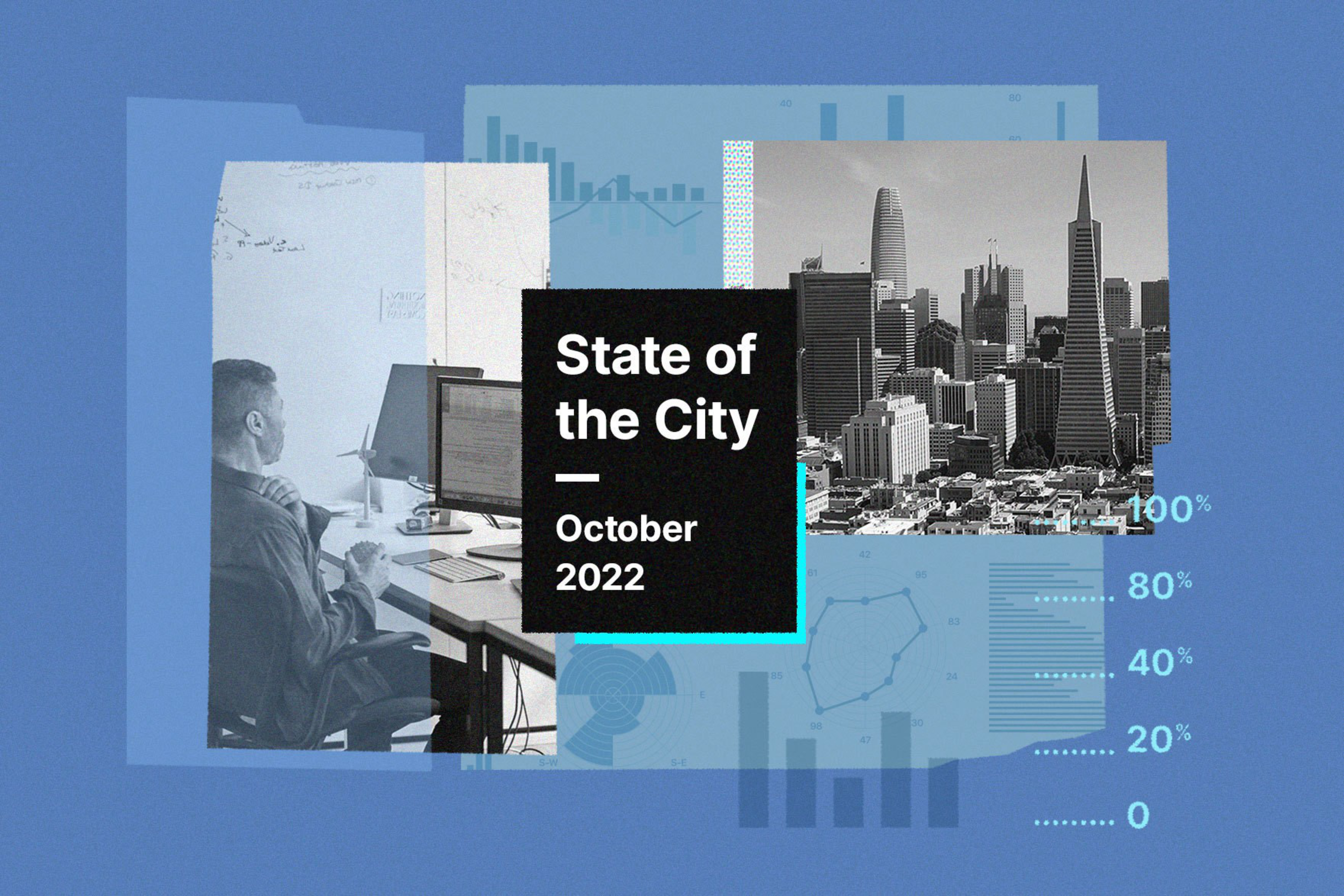 A man working at a desk with computer screens, a city skyline, and text reading "State of the City October 2022" on a blue background.