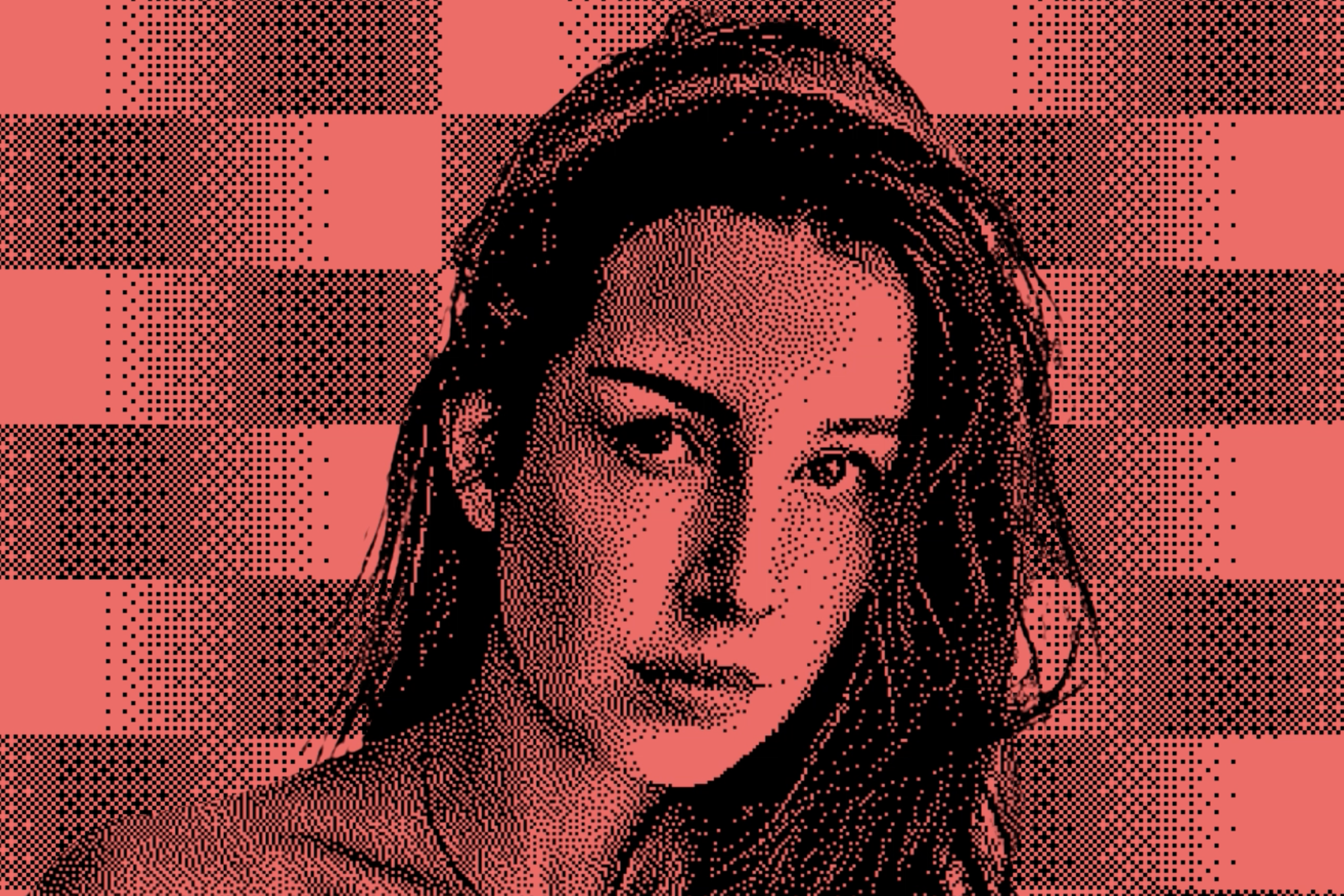 A pop art-style image of a woman with long hair, looking directly ahead, set against a checkered pink and black background.