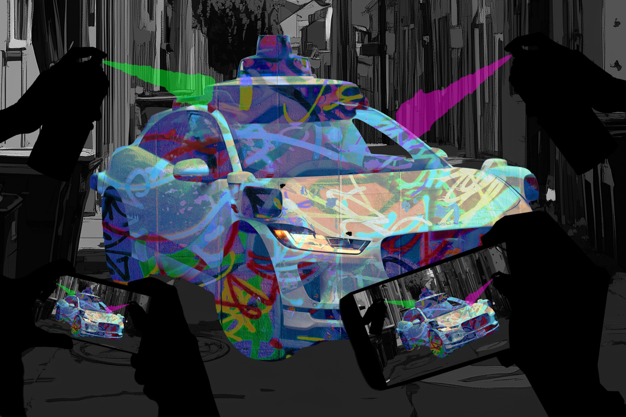 A car covered in vibrant graffiti is in an alleyway, with silhouettes of people around it holding spray paint cans and taking photos with smartphones.