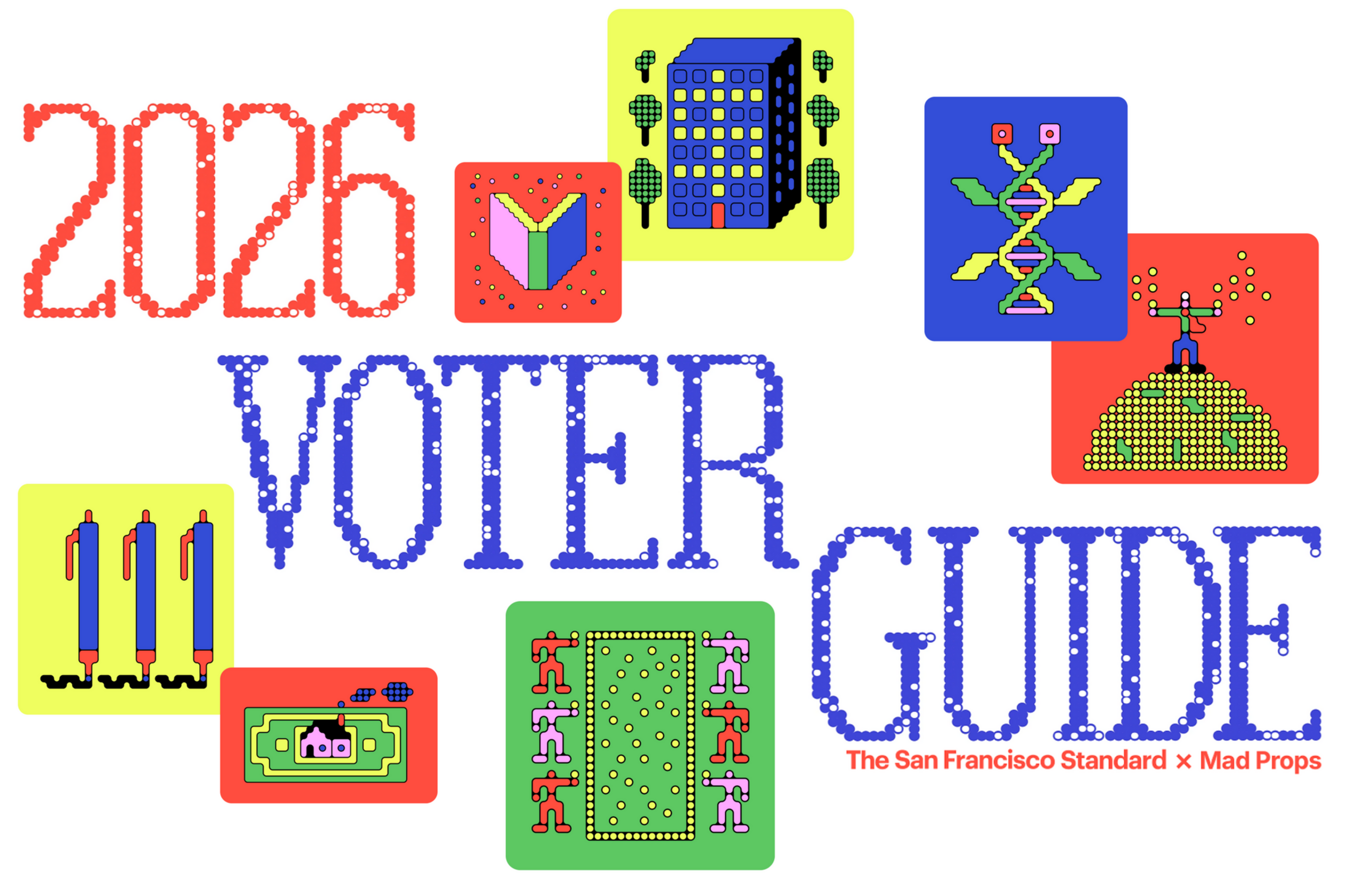 The text "2026 Voter Guide" appears using dots, surrounded by colorful blocks with pixel art of buildings, DNA, robots, and abstract designs.