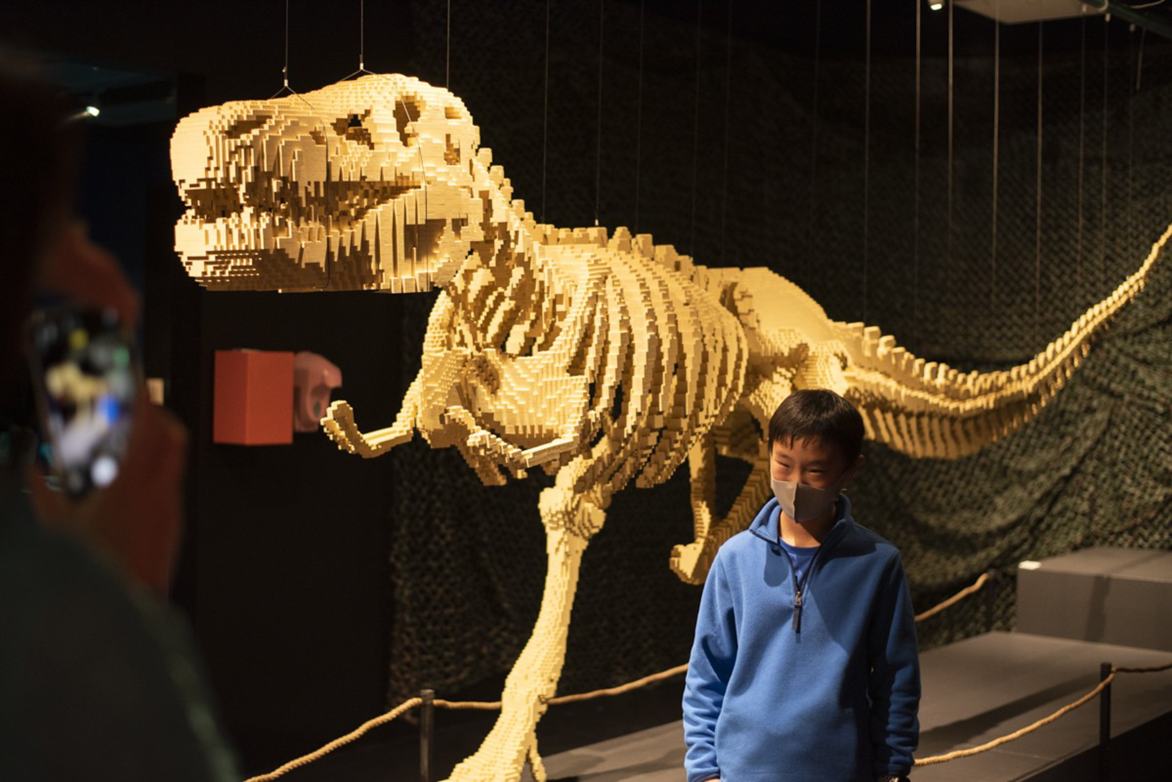 A boy wearing a blue jacket and face mask poses near a large, detailed dinosaur skeleton model made entirely of yellow Lego bricks.