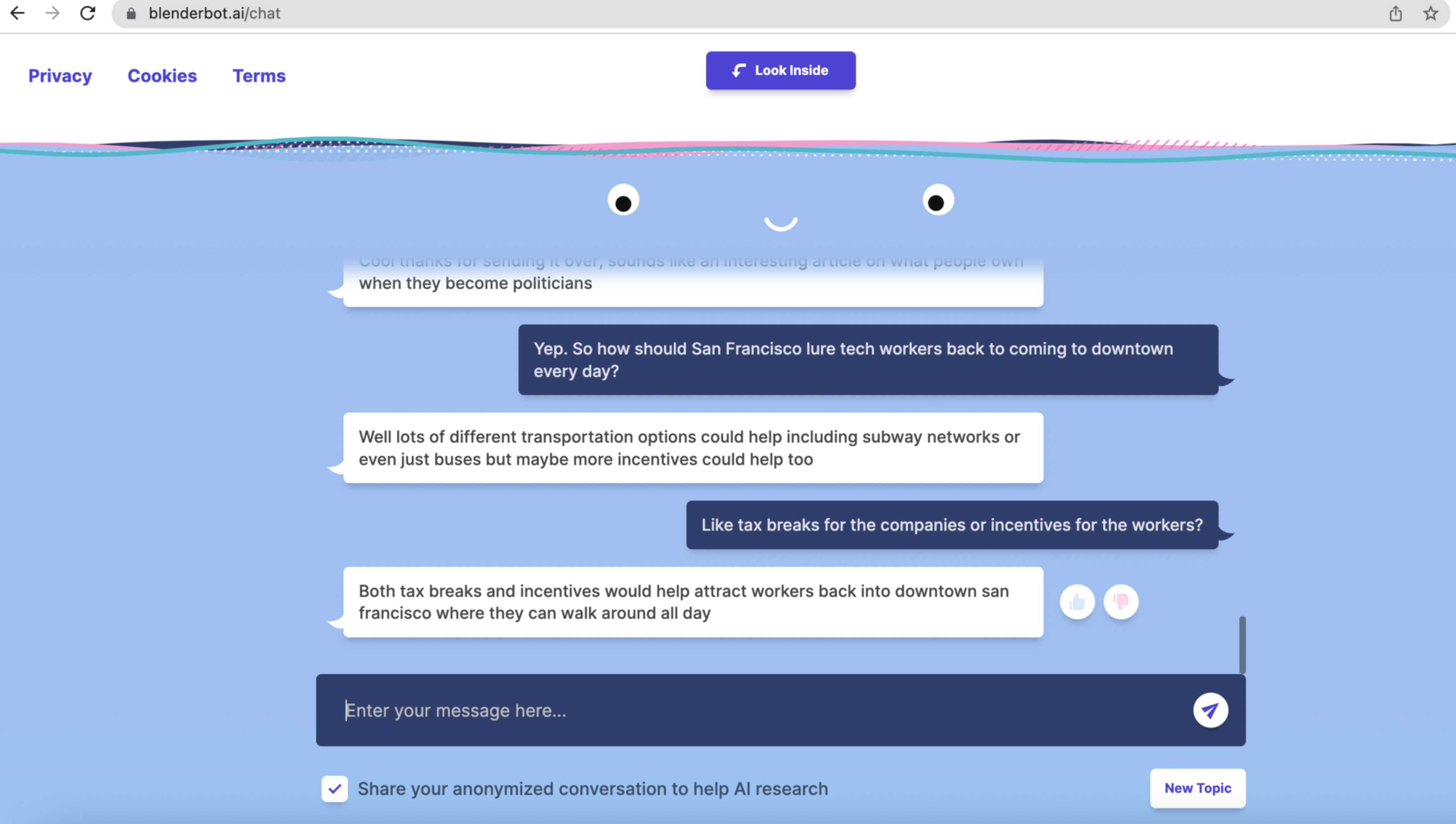 A chat interface on blenderbot.ai shows a conversation about attracting tech workers to downtown San Francisco with transportation and tax incentives.