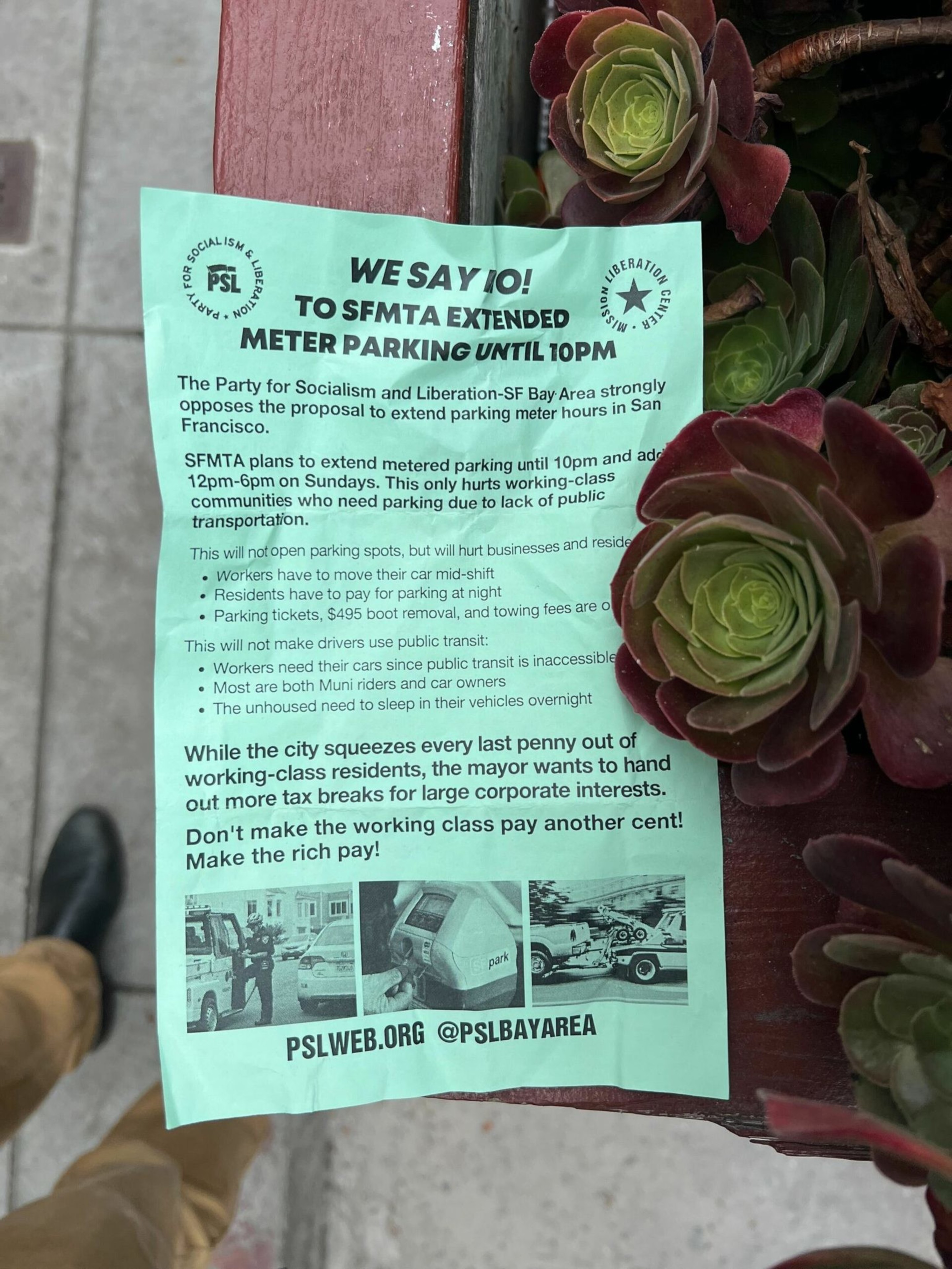 A flyer opposing extended parking meter hours in San Francisco, citing harm to working-class residents and urging tax fairness.
