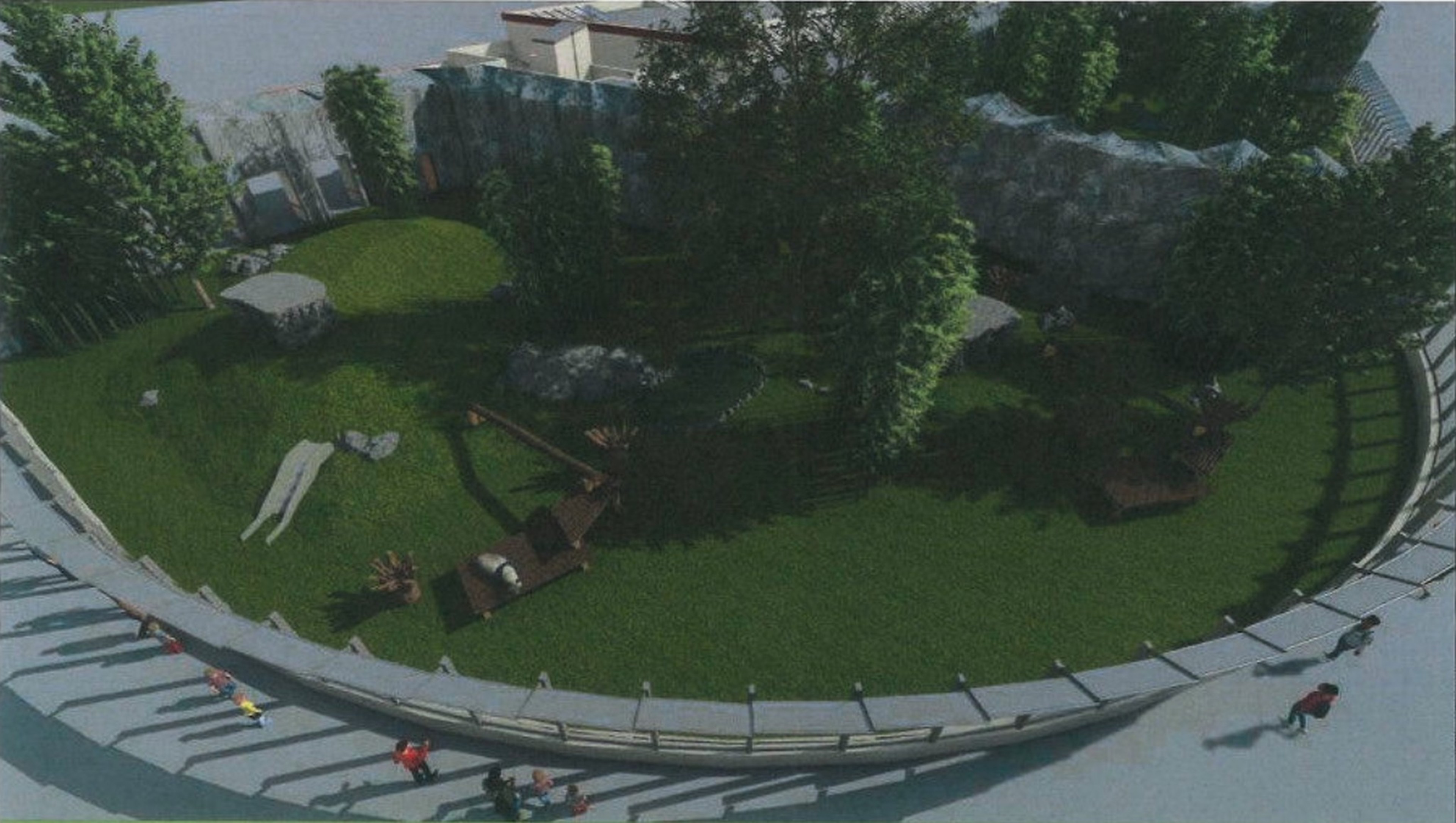 The image shows a round, grassy enclosure with rocks, trees, and shade. People walk around the outside on a pathway, observing the area.