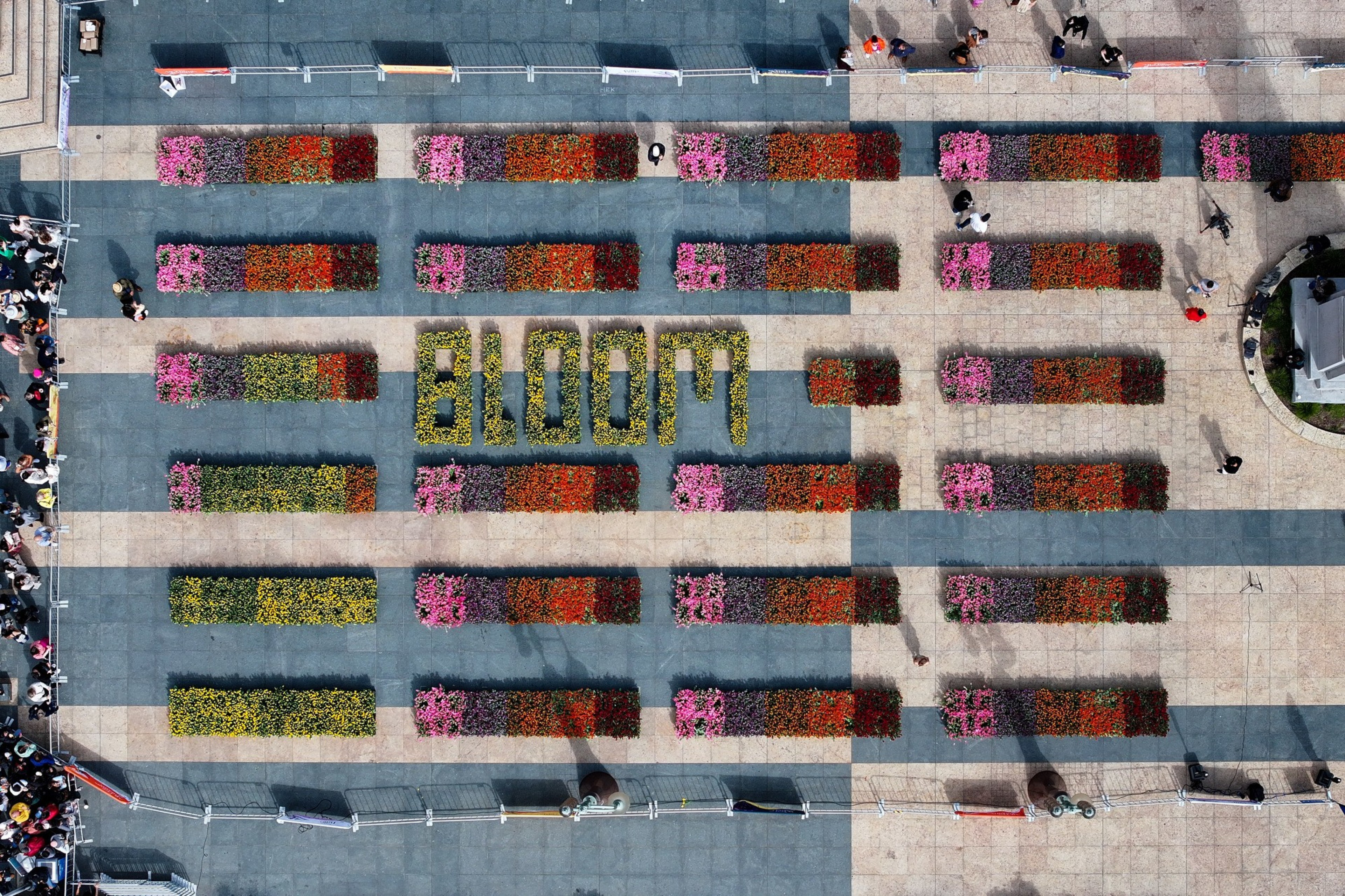 An aerial view of a plaza shows colorful flower beds arranged in rows with the word &quot;BLOOM&quot; formed by yellow flowers in the center, surrounded by people.