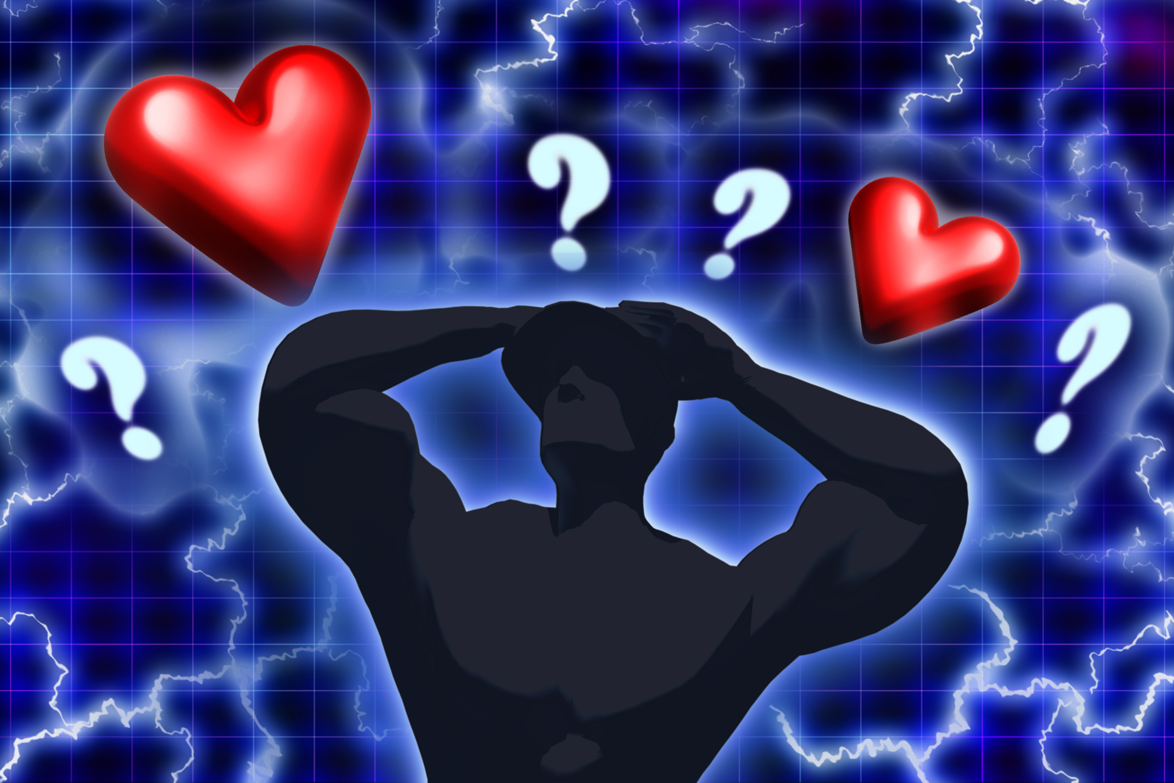 A silhouette of a person holds their head, surrounded by red hearts and floating question marks against a blue, electric grid background.
