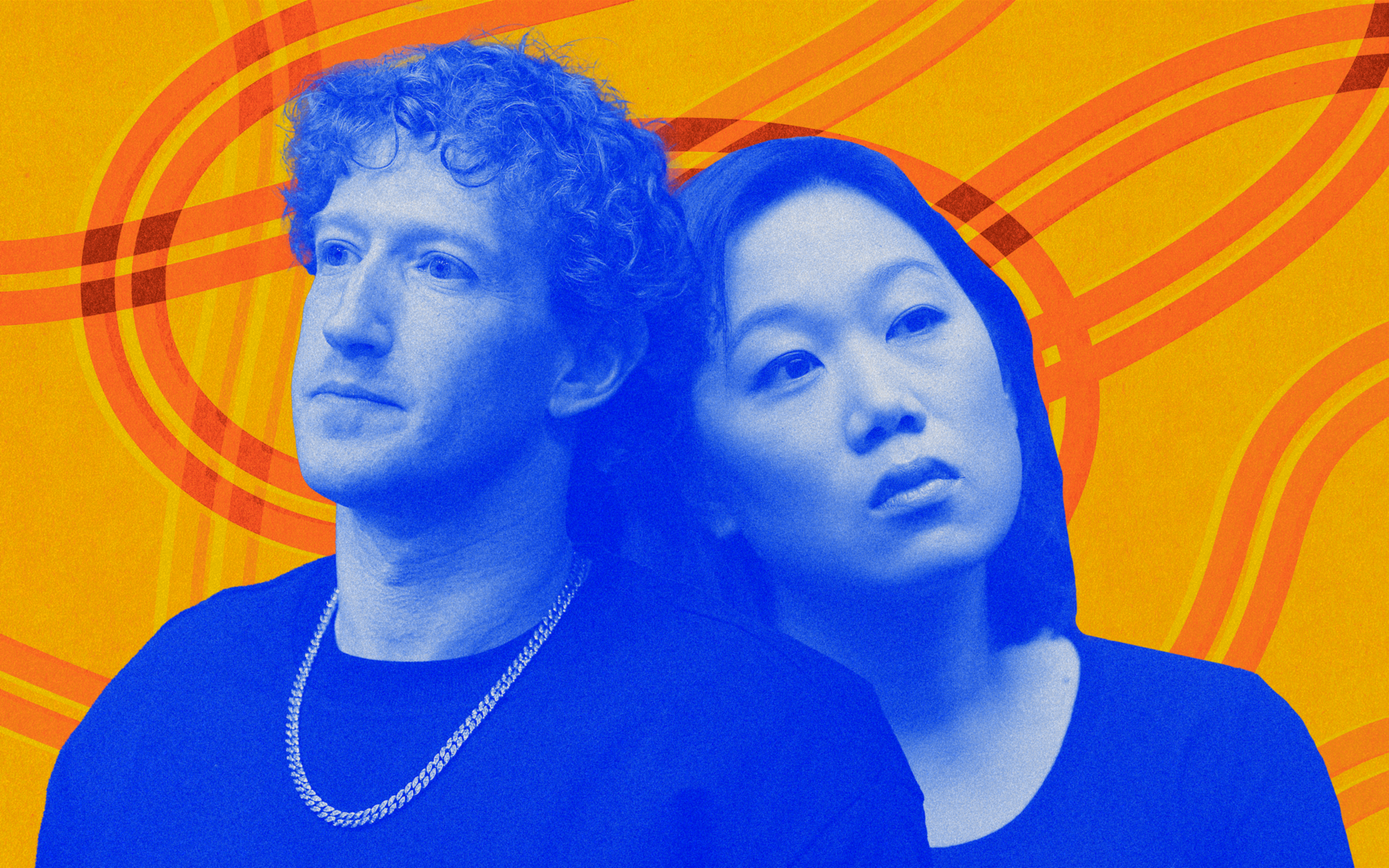 The image shows two people, a man and a woman, in blue tones against an orange background with swirling patterns. The man has curly hair and a chain necklace.