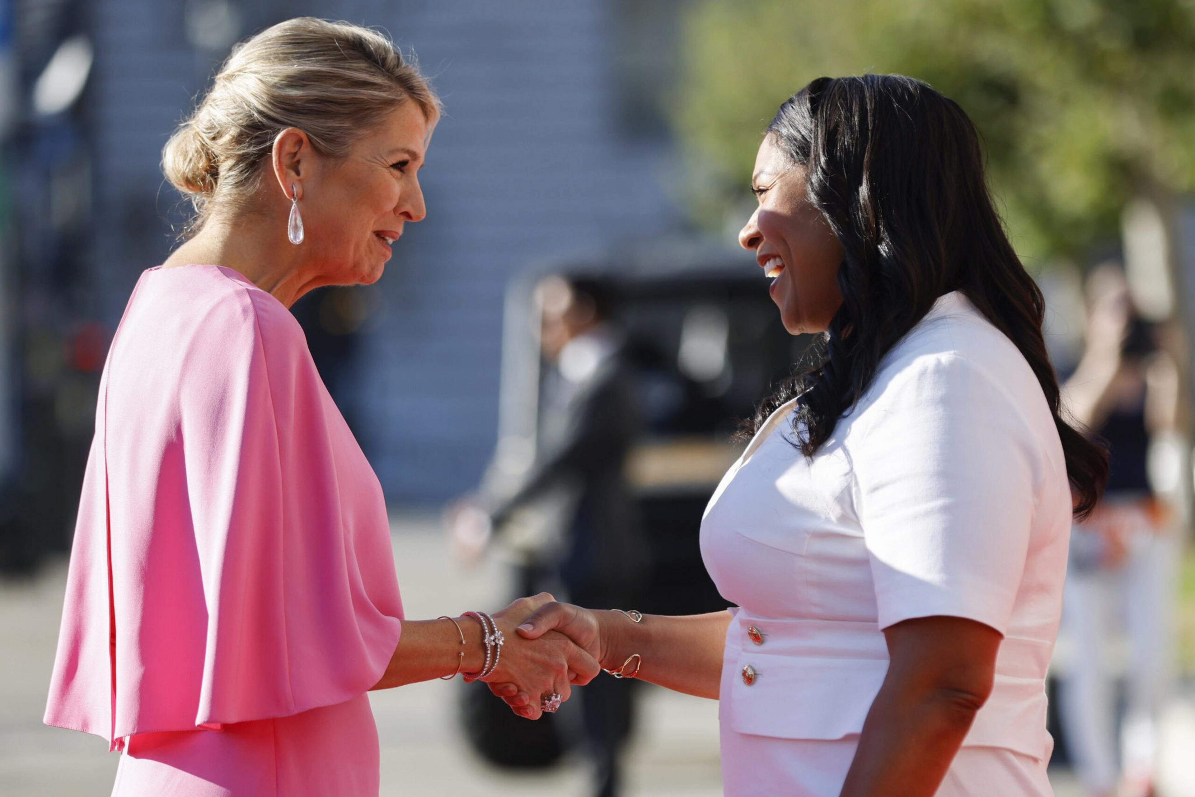 Two women, one in a pink dress and the other in a white dress, are smiling warmly and shaking hands outdoors.
