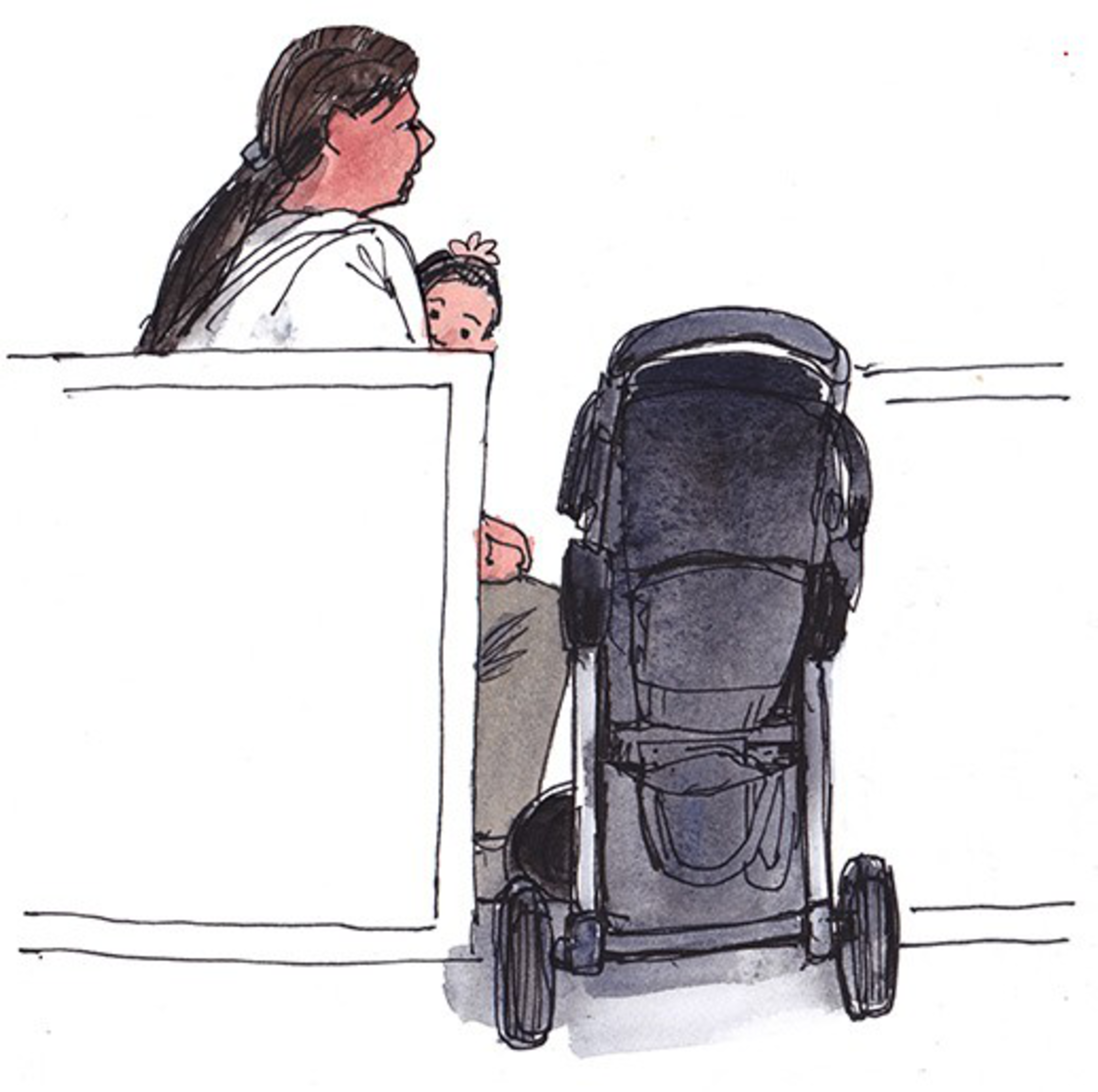 A woman with long dark hair sits holding a baby, partially hidden behind a white bench, next to a black stroller with large wheels.