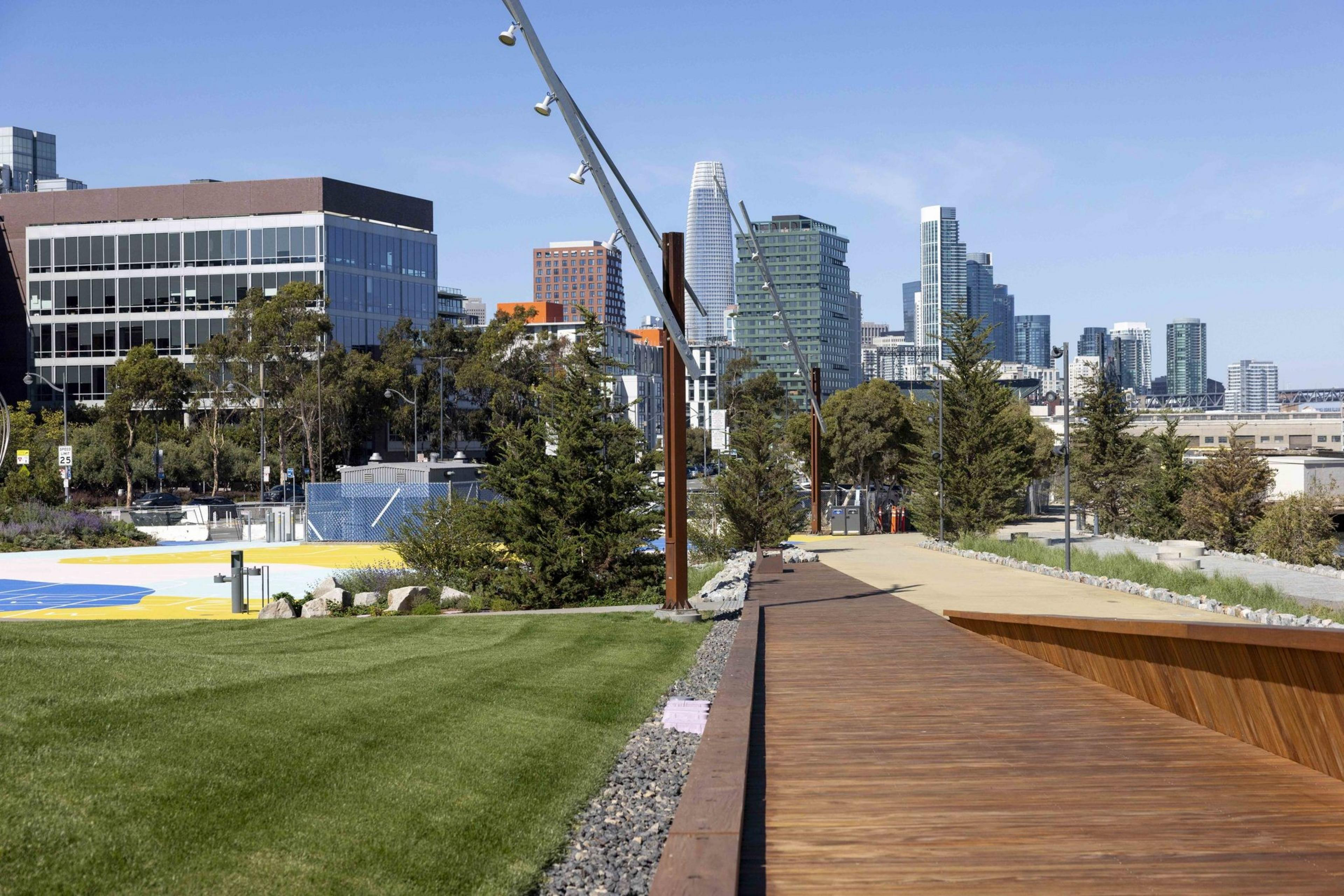 A paved walkway and a grassy area are lined with trees and modern buildings, set against a skyline of tall skyscrapers on a clear day.