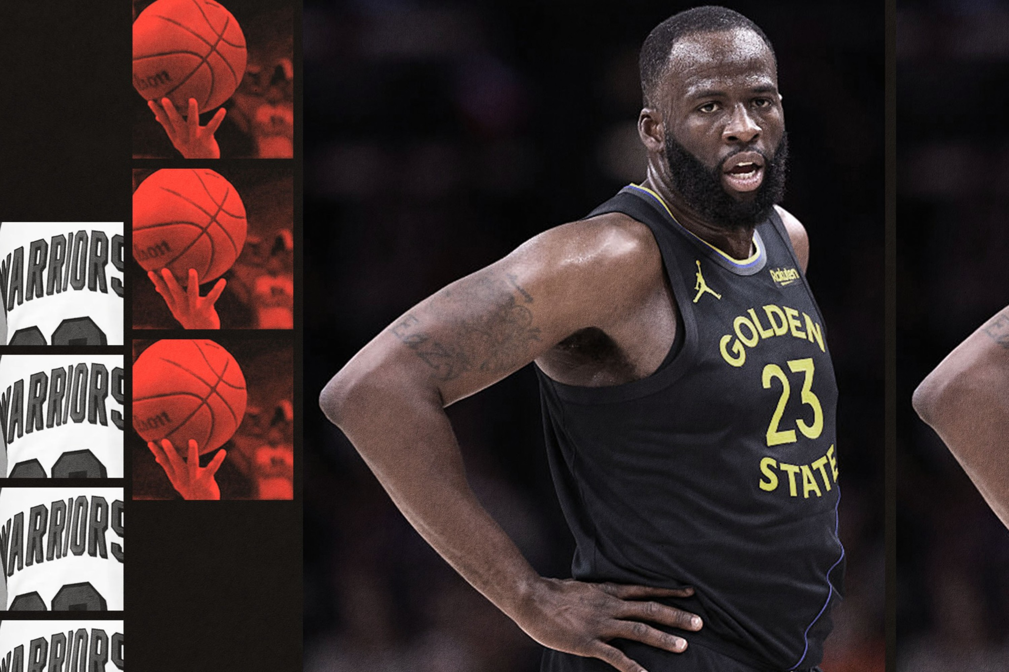 A basketball player wearing a black Golden State jersey with number 23 stands with his hand on his hip, looking focused.