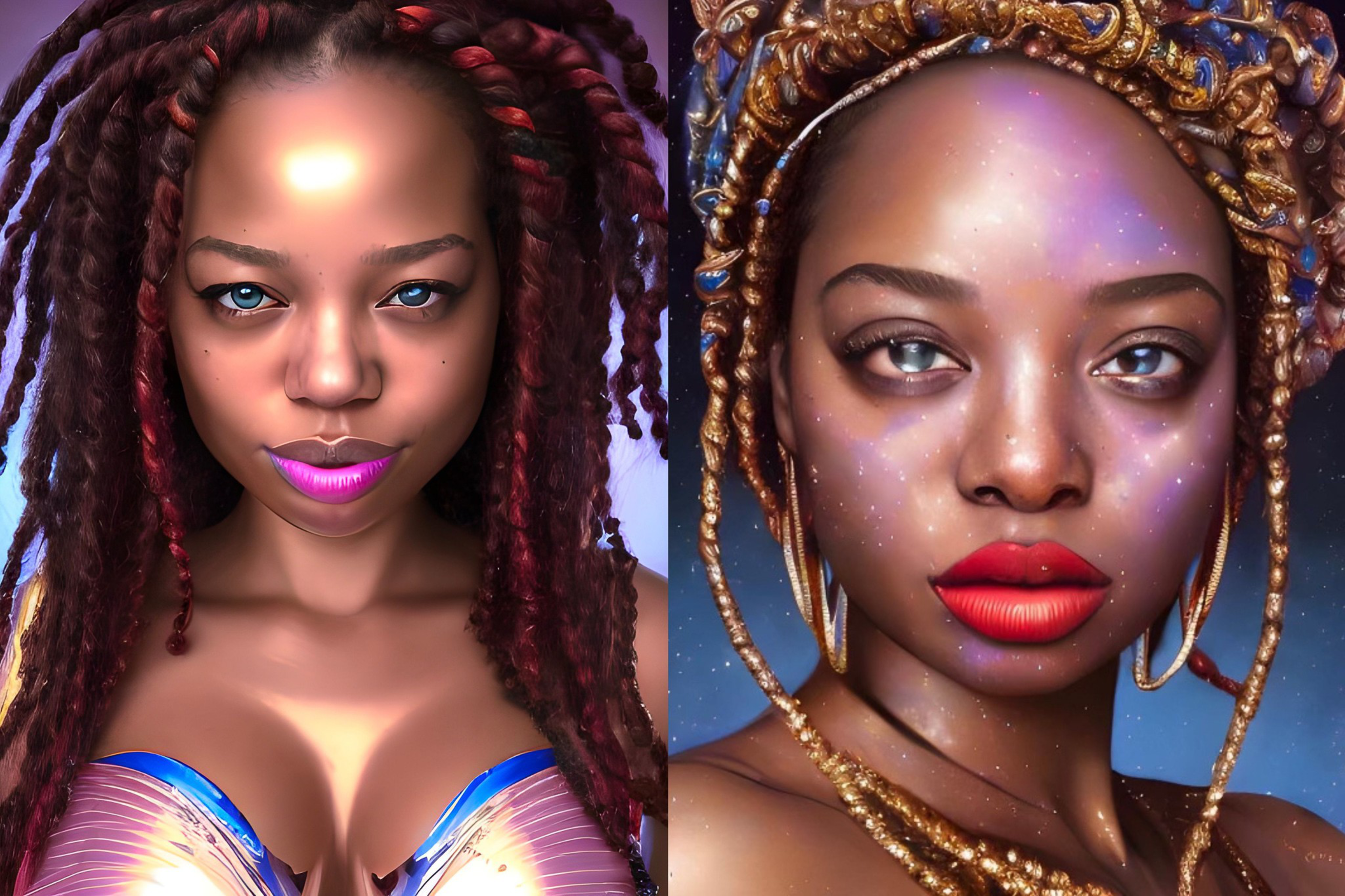 Two portraits of Black women with blue eyes, one with red braided hair and bright pink lips, the other with golden braided hair, cosmic makeup, and red lips.