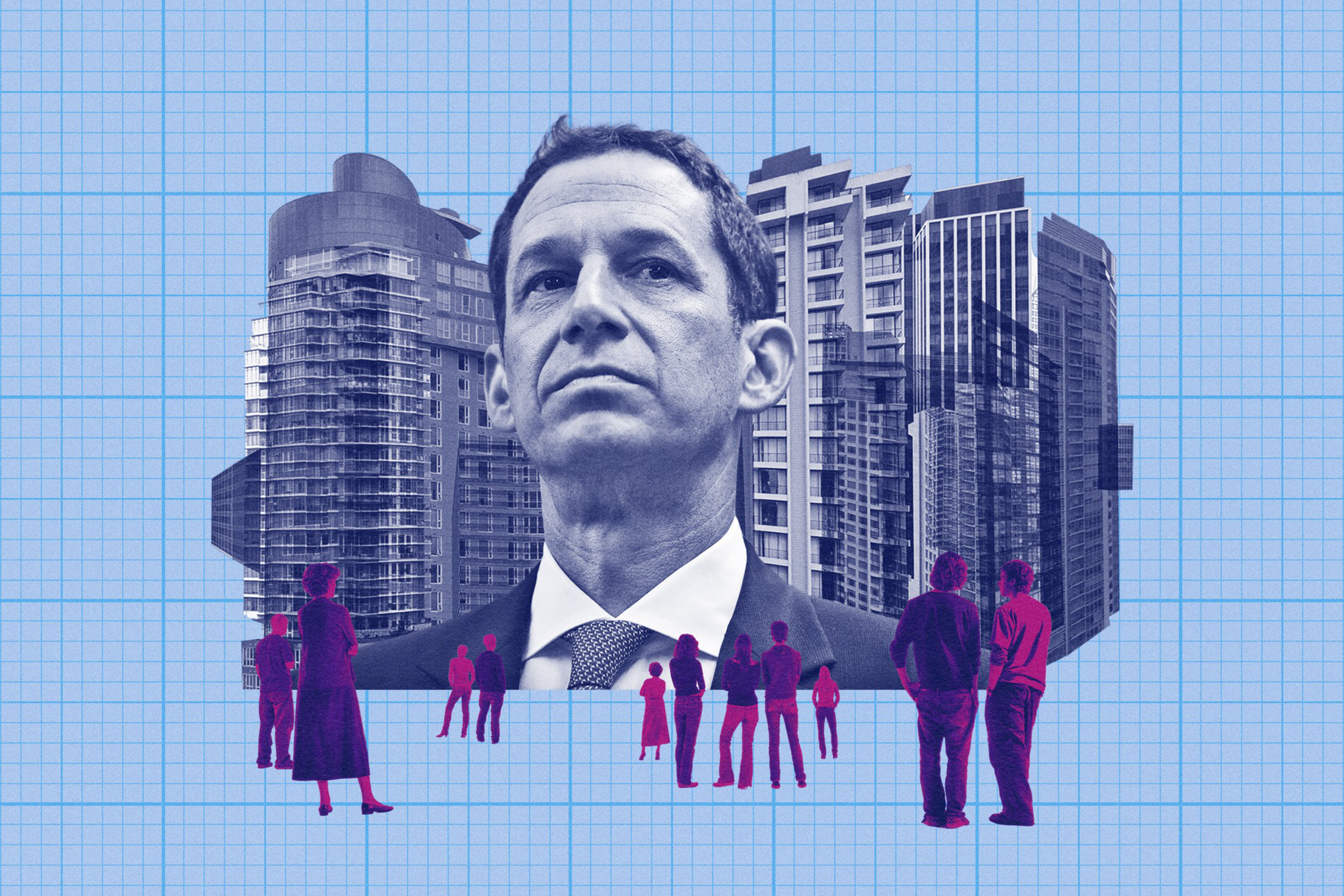 The image features a man in a suit and tie with a stern expression. He's overlaid on a backdrop of modern buildings, with silhouettes of people in the foreground.
