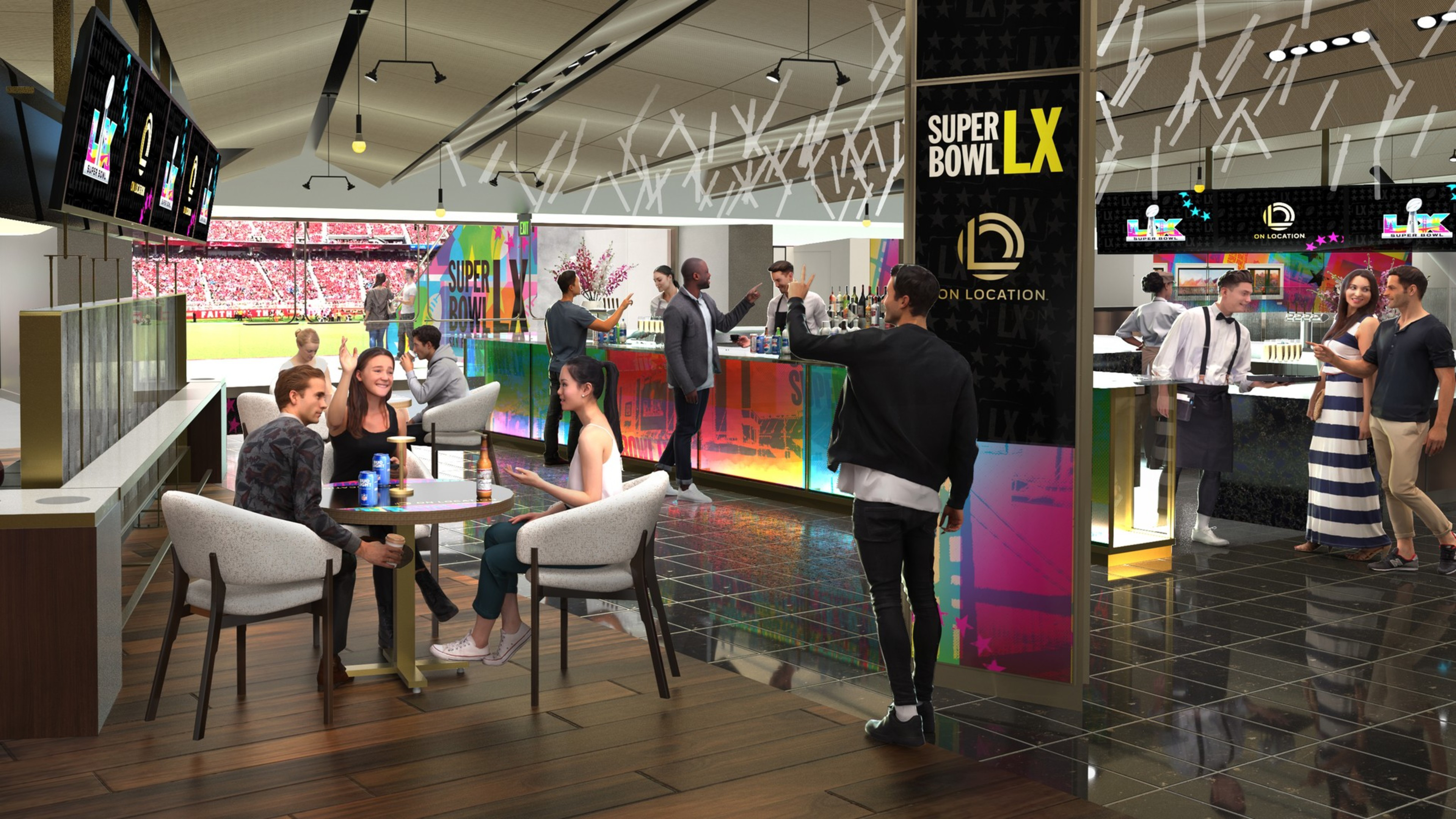 People socialize and enjoy drinks inside a modern, vibrant sports lounge decorated for Super Bowl LX with colorful lighting and large screens.