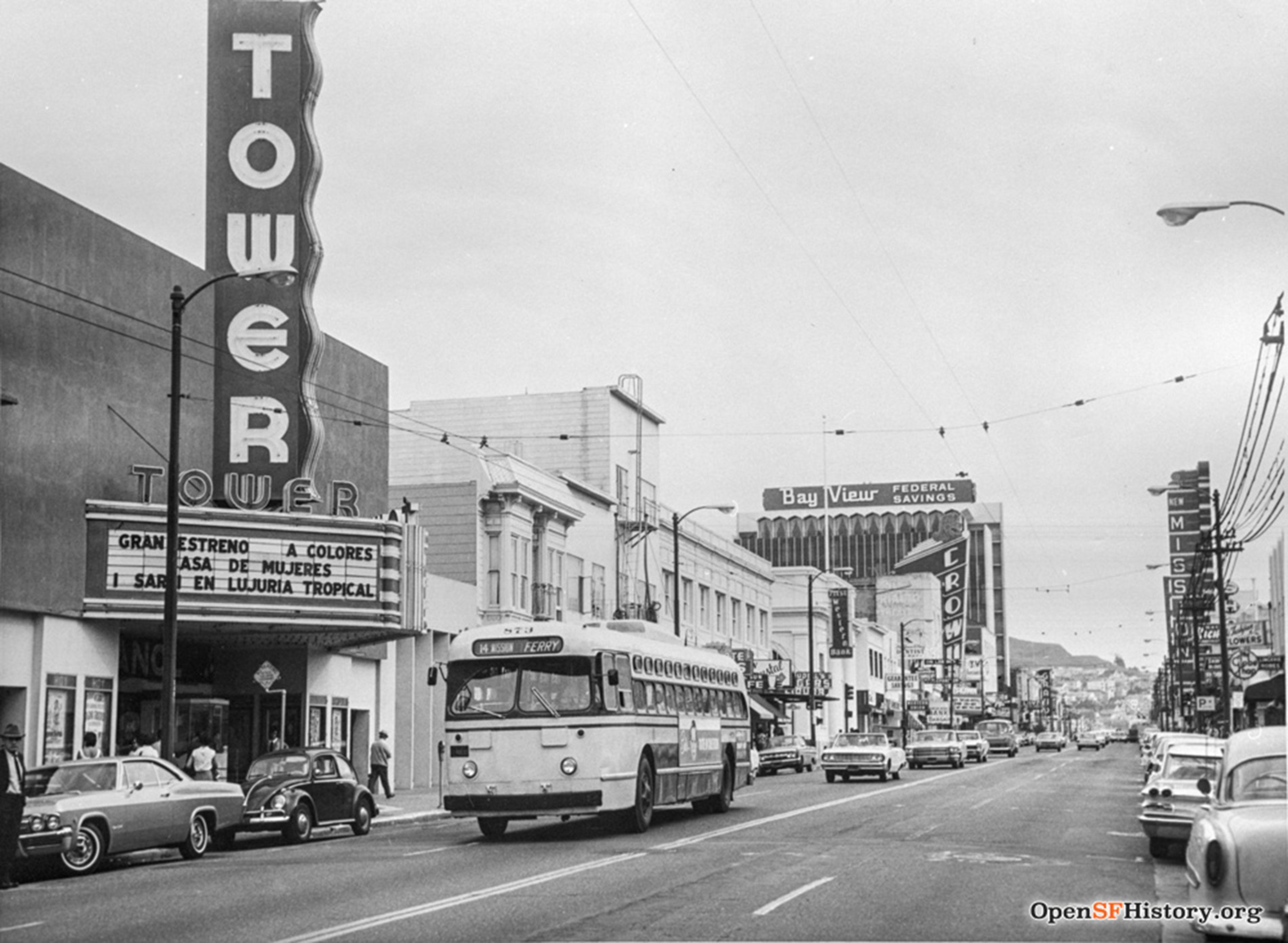 An archived photo shows the exterior of the Tower Theater in the 1970s.