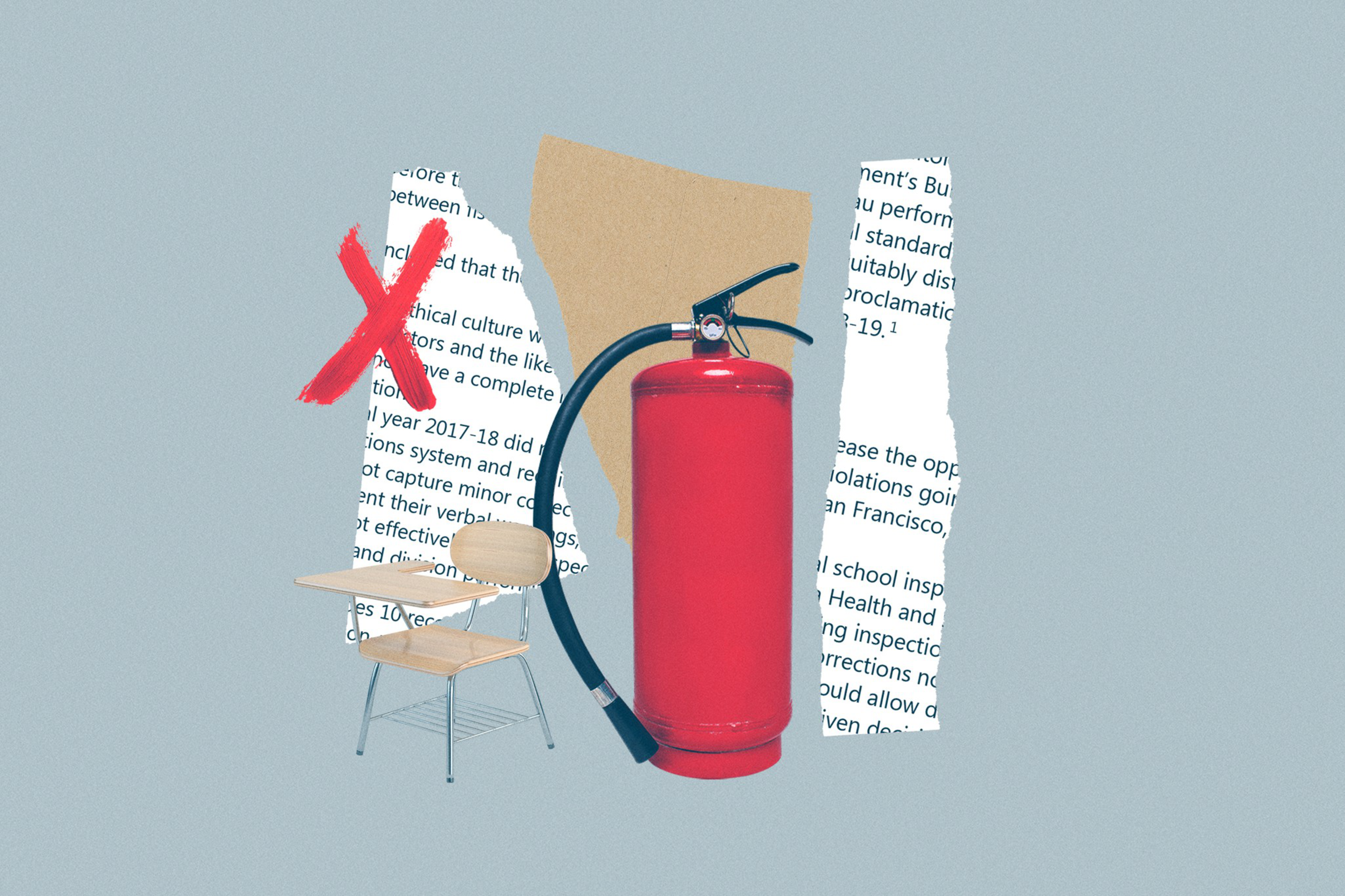A photo collage showing pieces of ripped paper, a red fire hydrant, a red X mark, and a classroom chair.