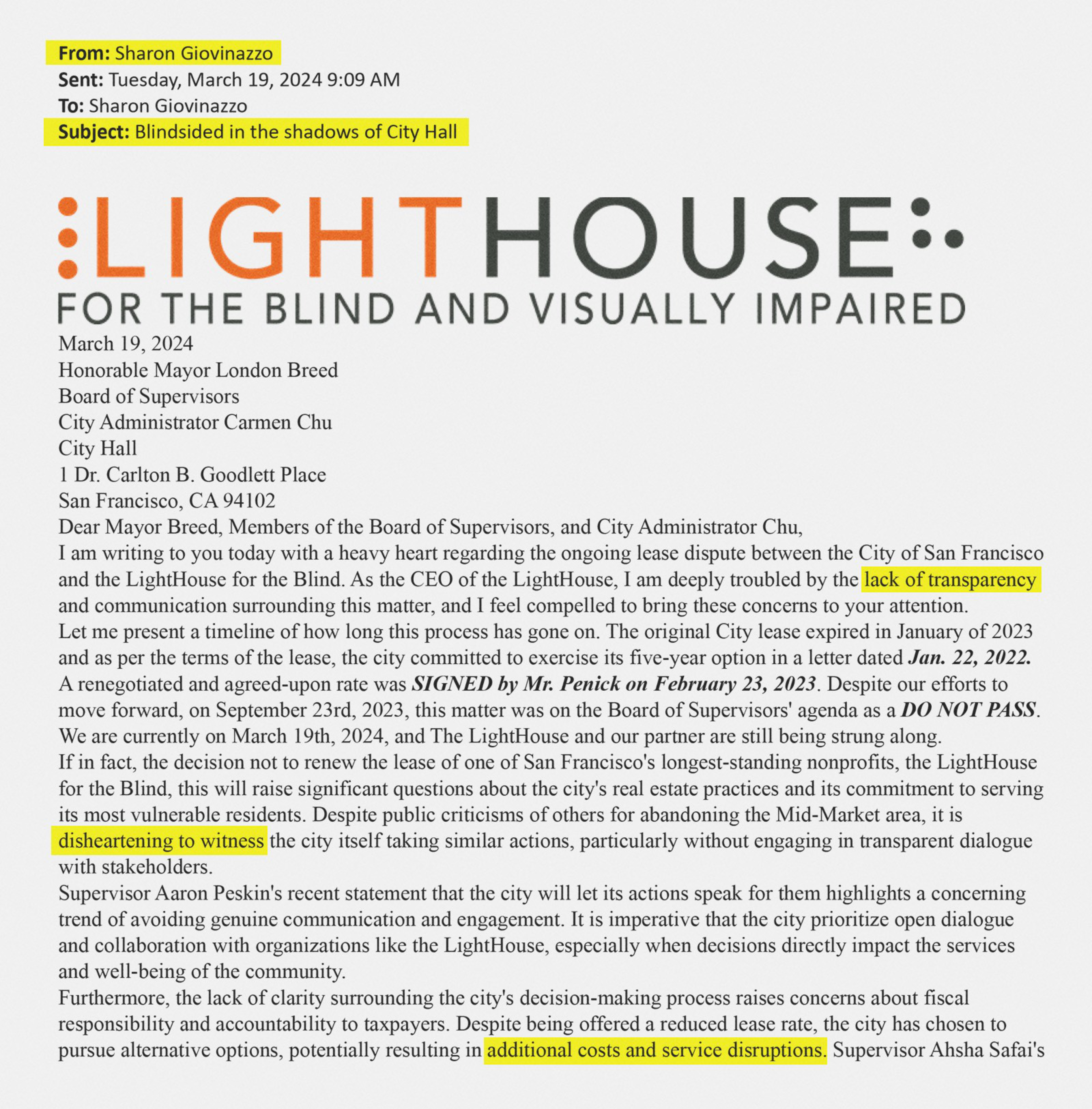 The image is an email from Sharon Giovinazzo addressed to Mayor London Breed, titled &quot;Blindsided in the shadows of City Hall.&quot; It addresses the Mayor of San Francisco and others regarding a lease dispute.