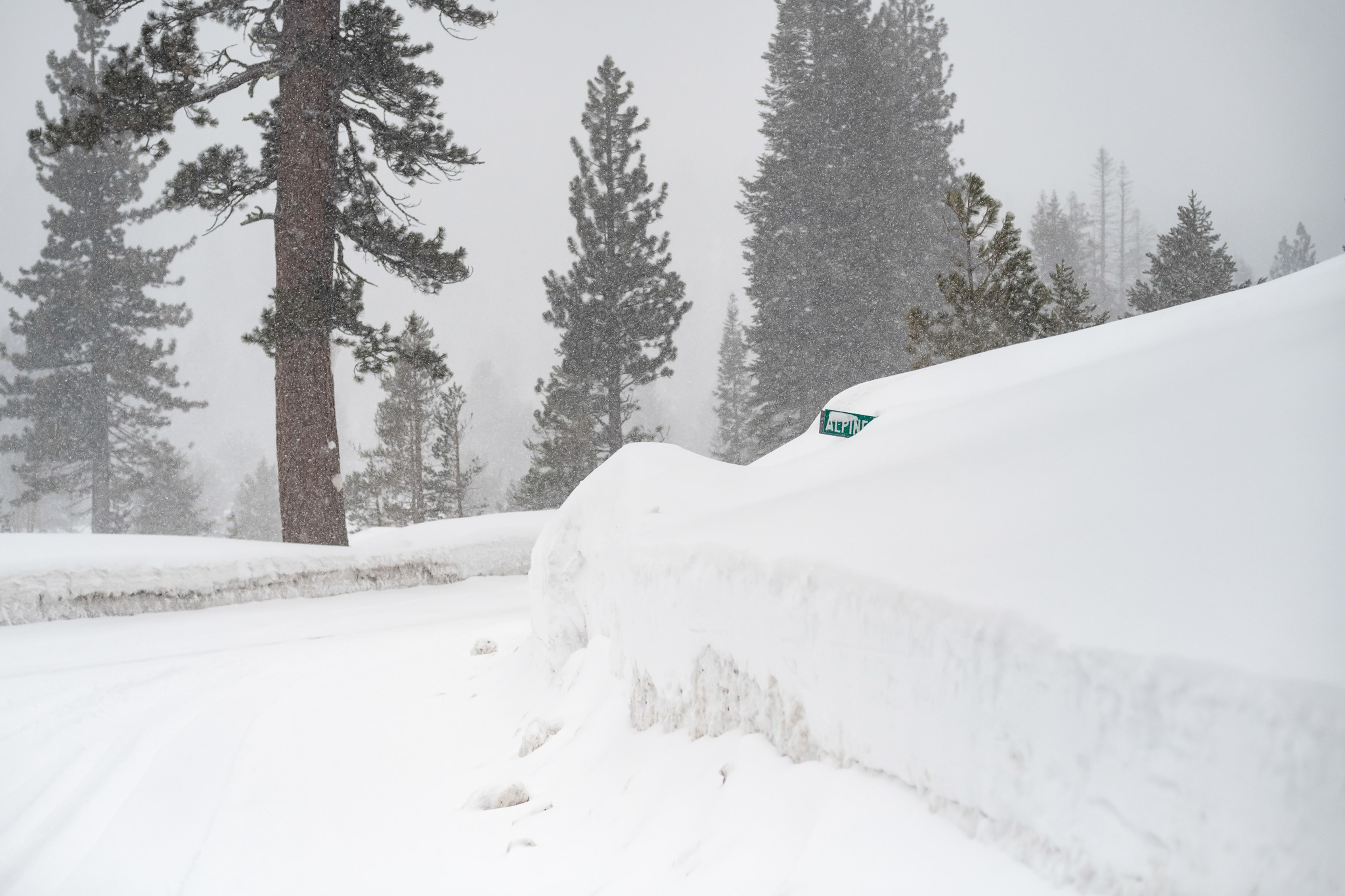 Heavy snow covers the ground and trees along a curved road, with snow piled high enough to almost bury a green street sign.