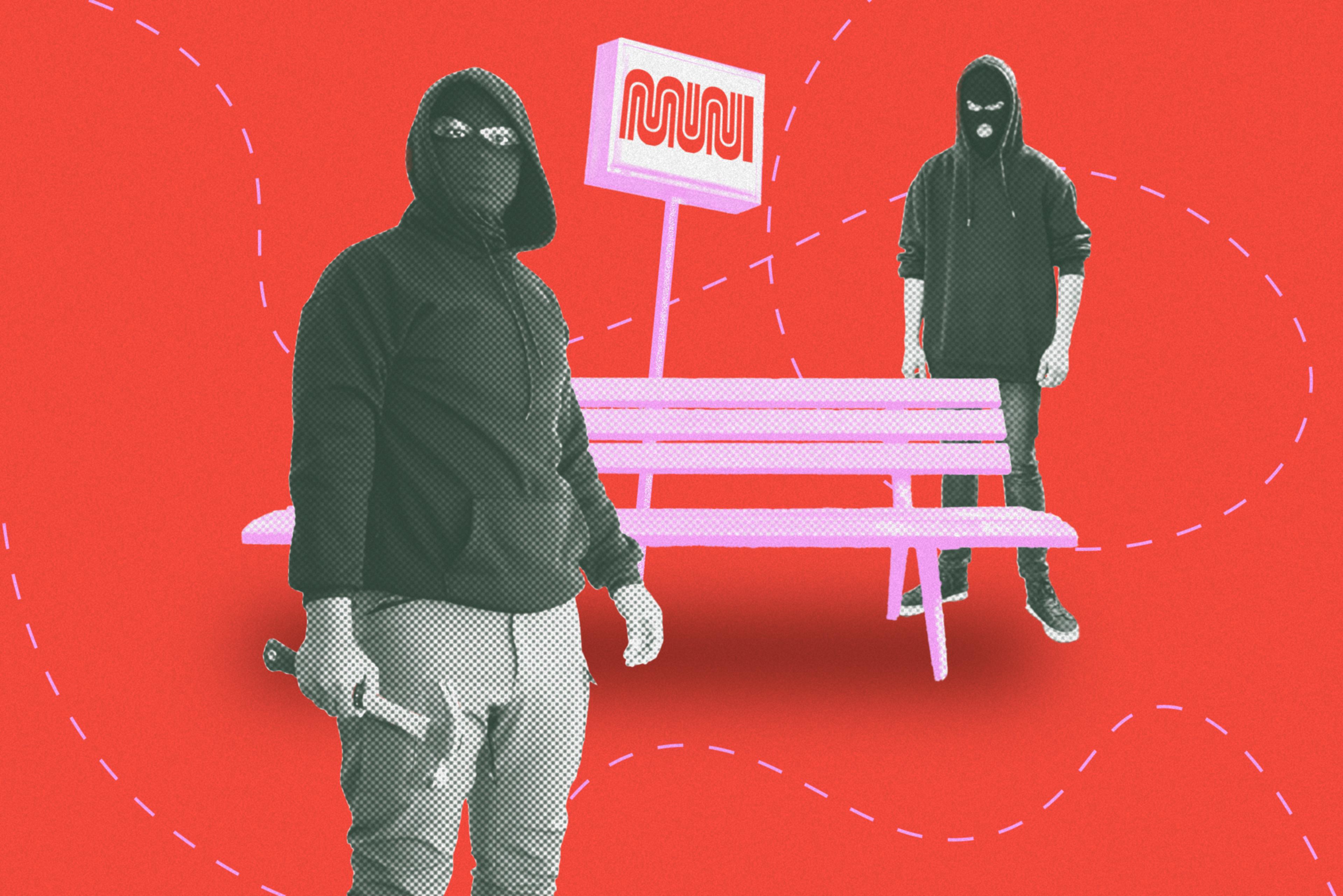 Two masked individuals in black hoodies stand near a pink bench with a red sign on a vibrant red background, featuring white dashed lines.