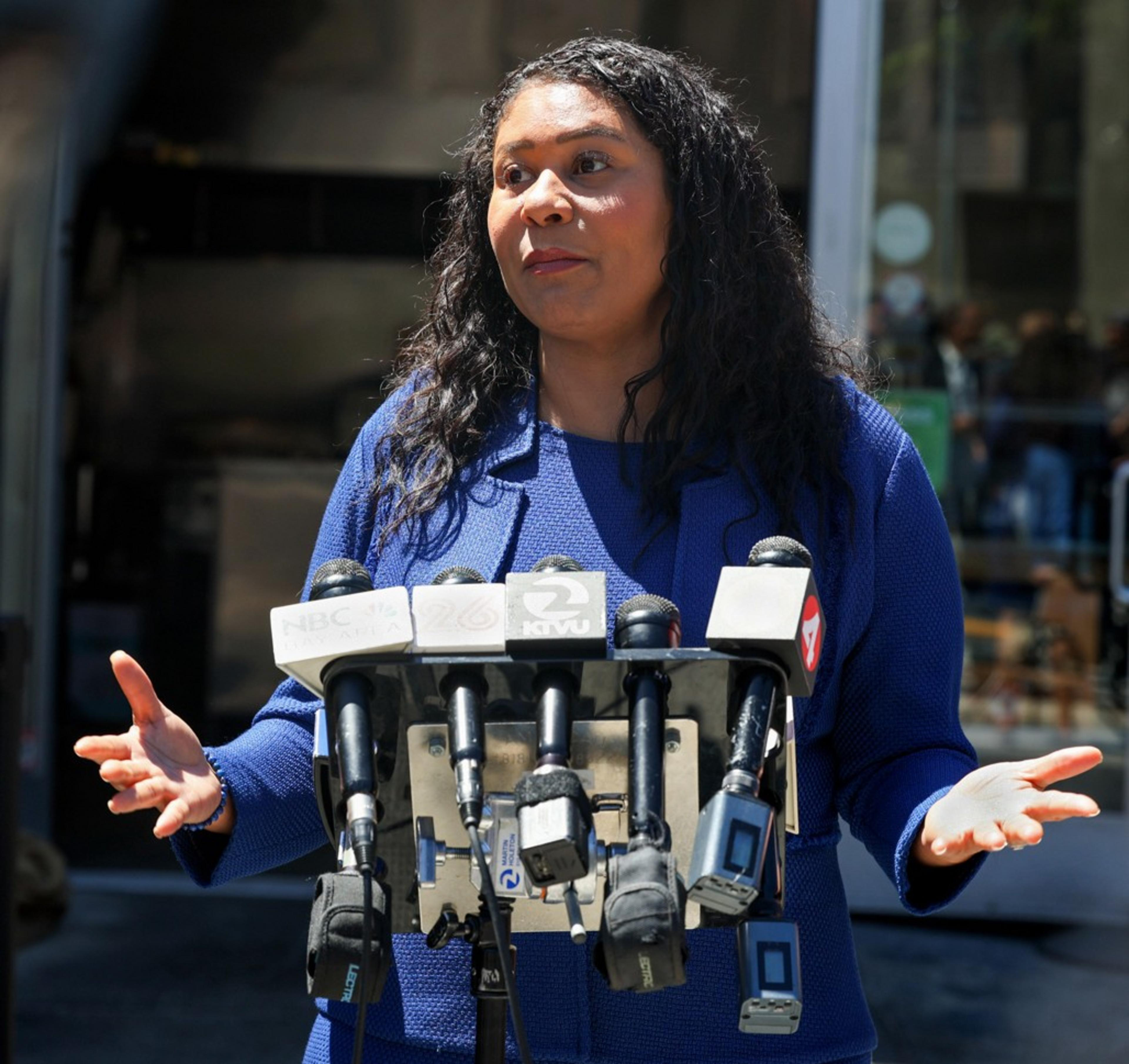 Mayor London Breed speaks about the state of small businesses in the South of Market area of San Francisco on June 8, 2022