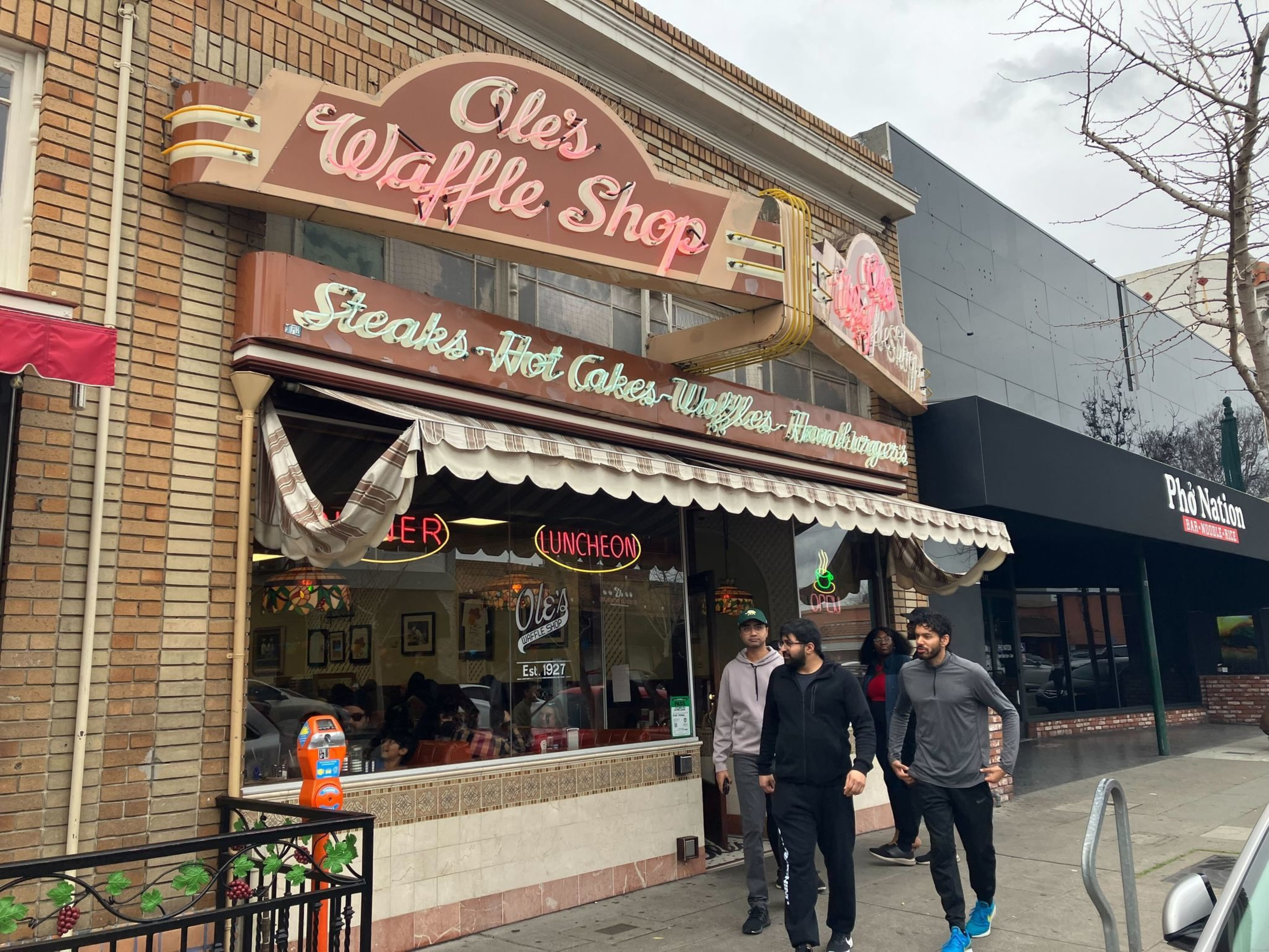 Patrons exiting the Ole's Waffle Shop in Alameda, CA on Feb. 3, 2024.