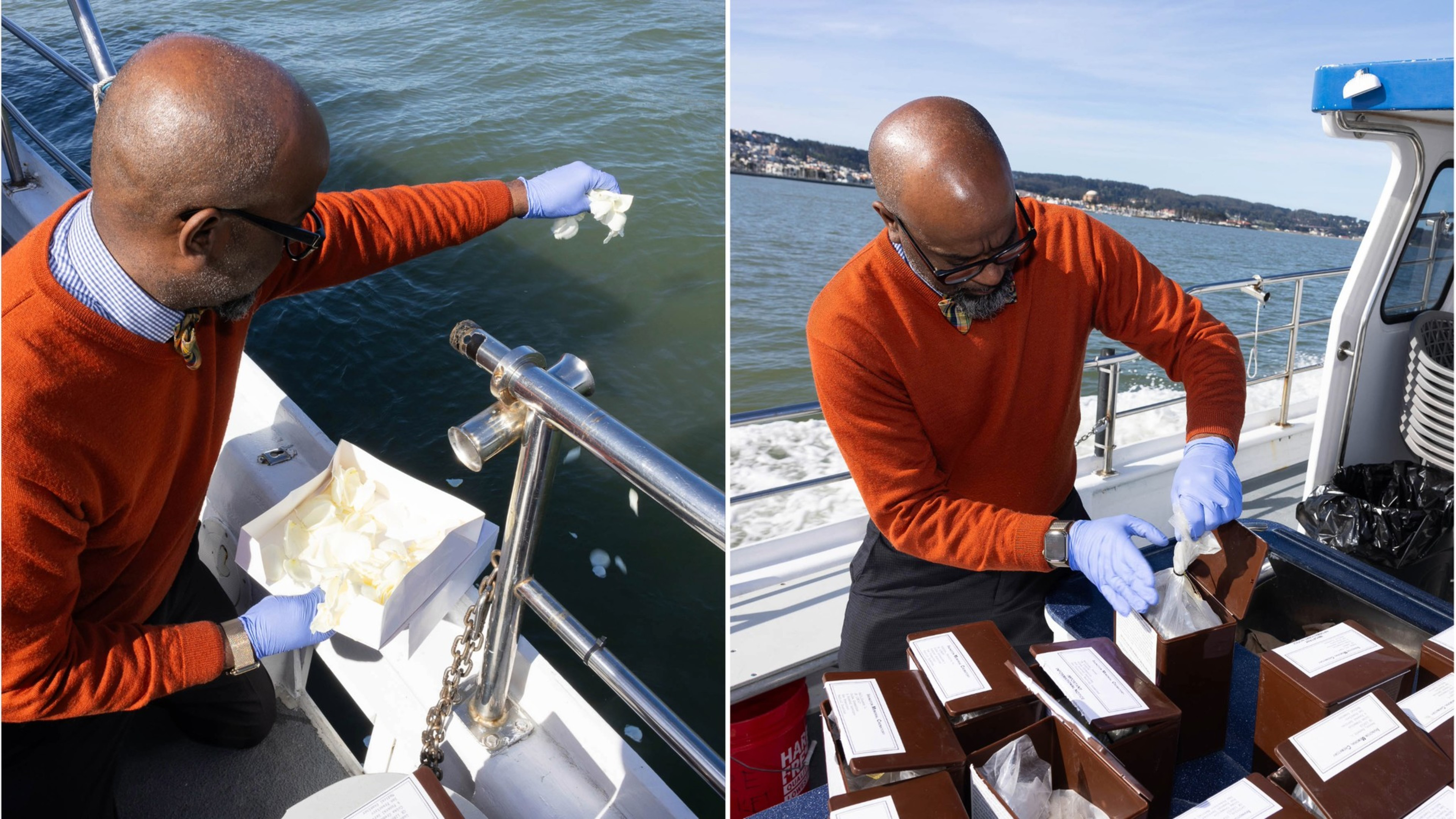 A man scatters petals into the sea; boxes with ashes are on the boat deck.