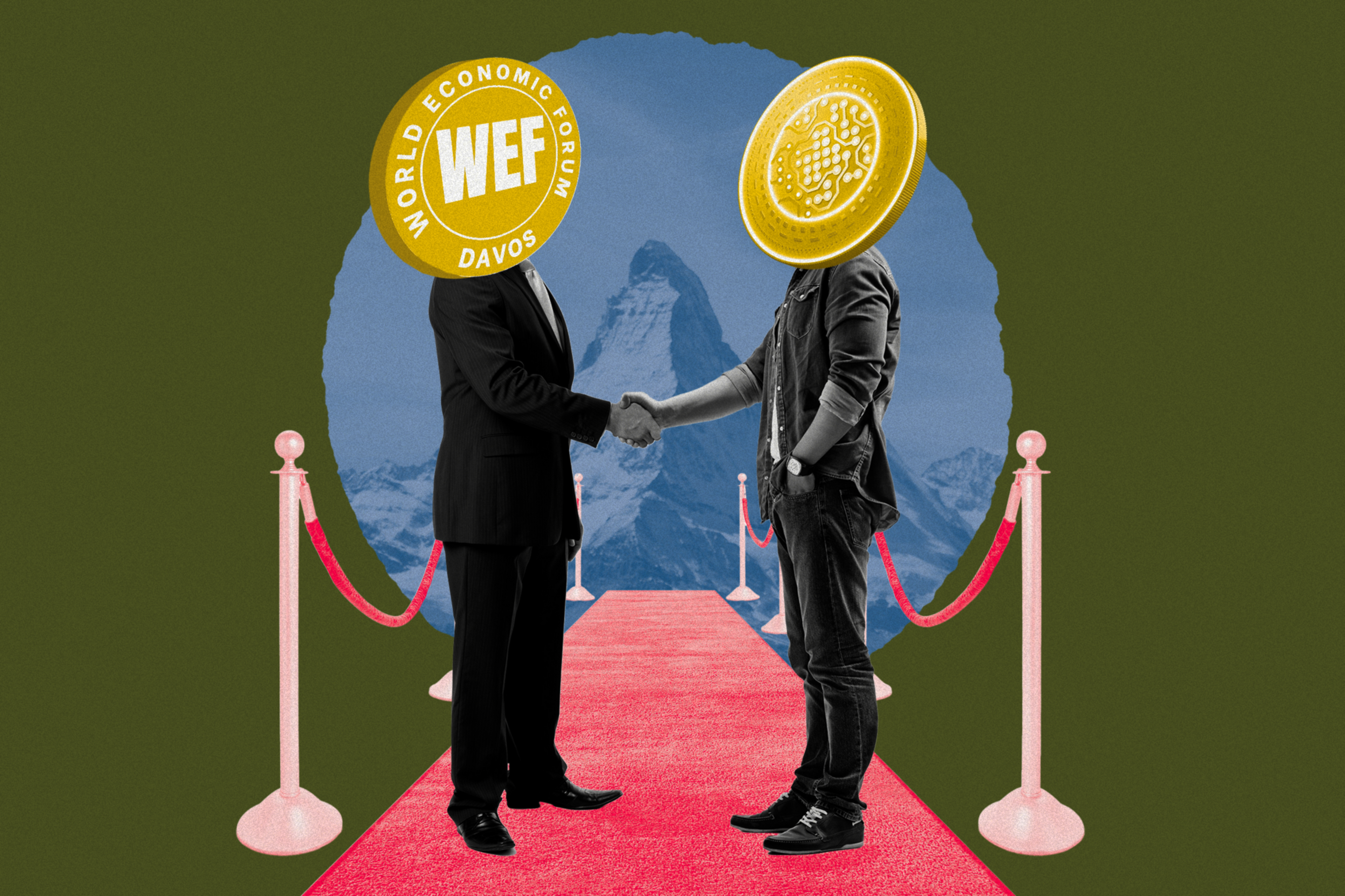 A collage featuring two figures shaking hands on the red carpet.
