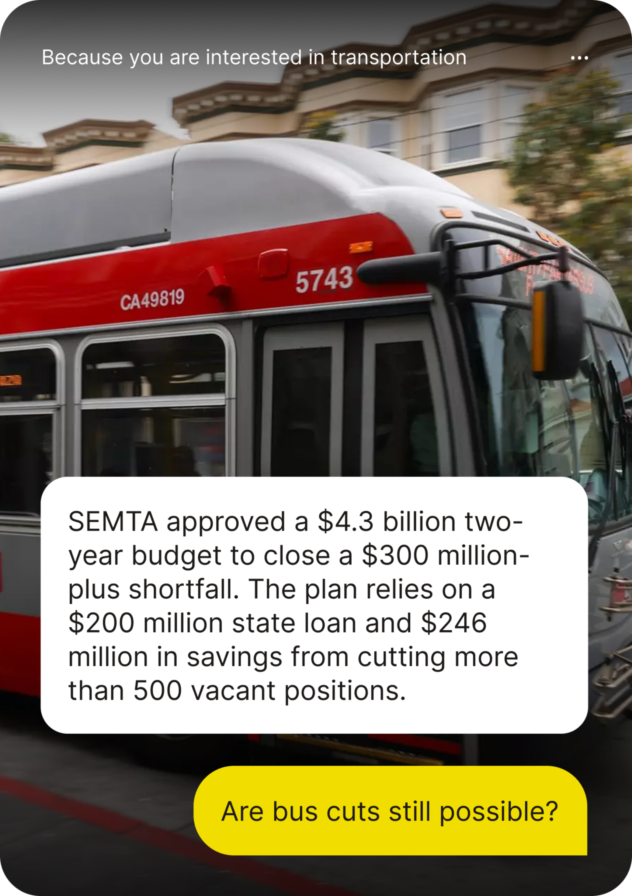 A red and white bus labeled 5743 is shown, with a text overlay discussing SEMTA’s $4.3 billion budget plan involving loans and job cuts to address a $300 million shortfall.