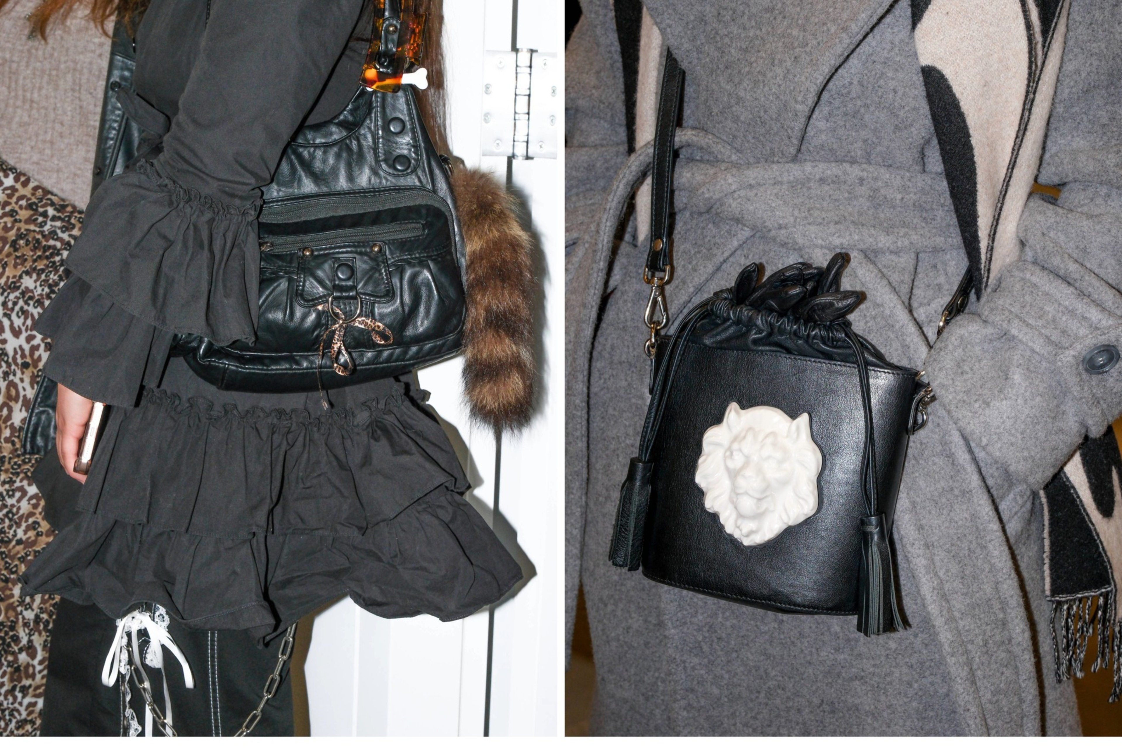 The image shows two black handbags. The left one features a furry keychain and ruffled black fabric. The right handbag has a white lion face decoration.
