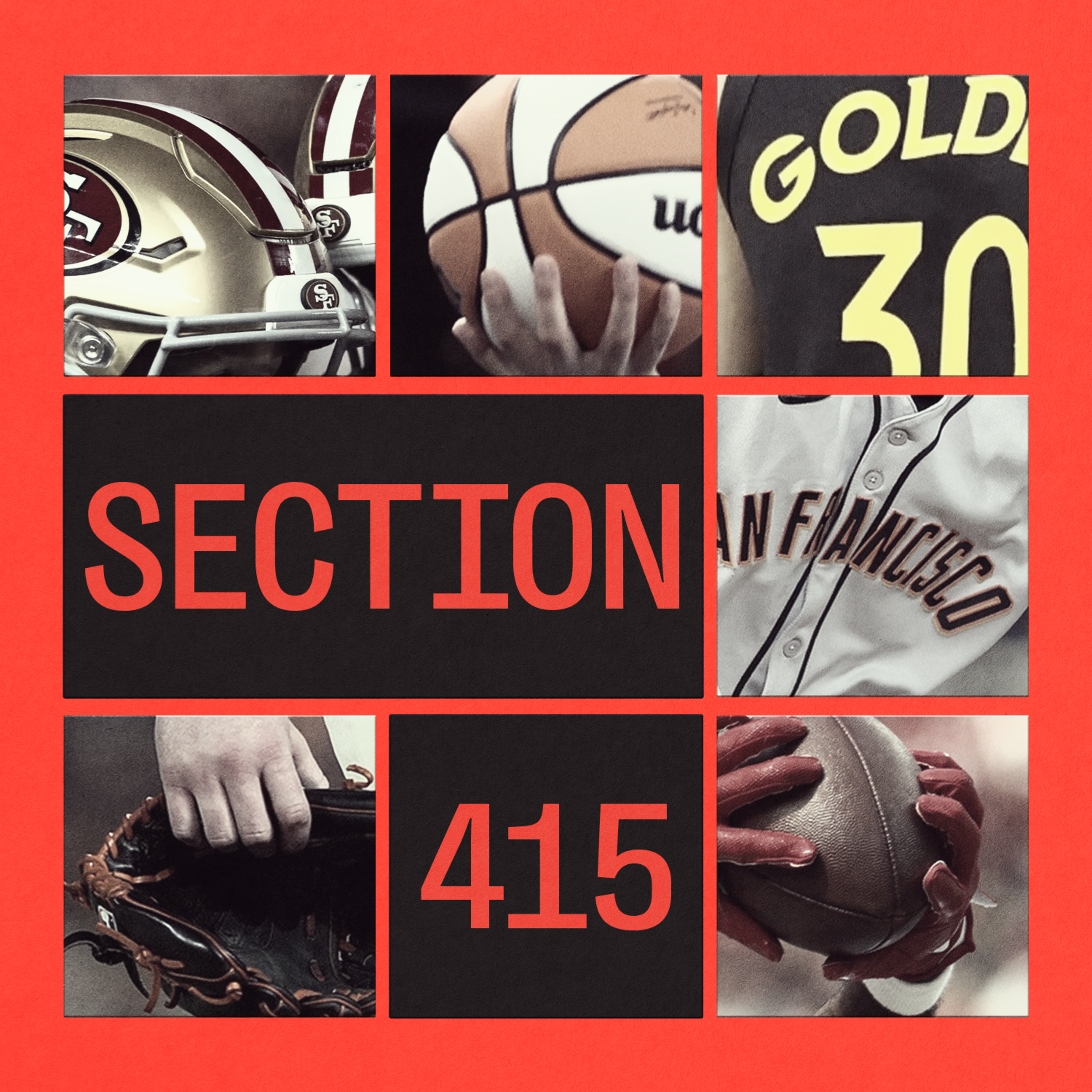 Images of San Francisco sports equipment and jerseys surround the text "SECTION 415" on a red and black background.
