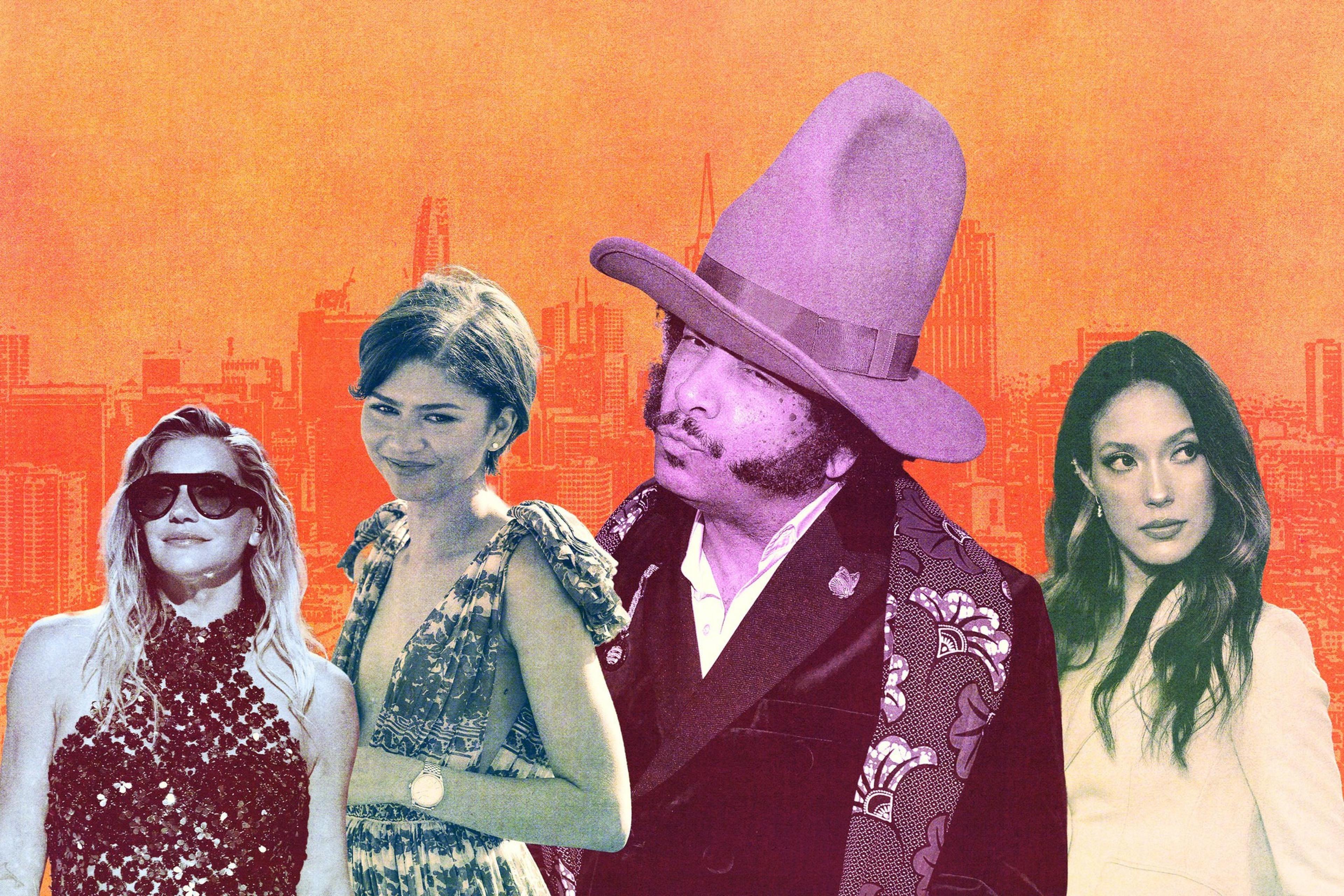 Four people stand against an orange cityscape backdrop: a woman in a sequined dress with sunglasses, a smiling woman in patterned attire, a man in a large purple hat, and a woman in a cream outfit.