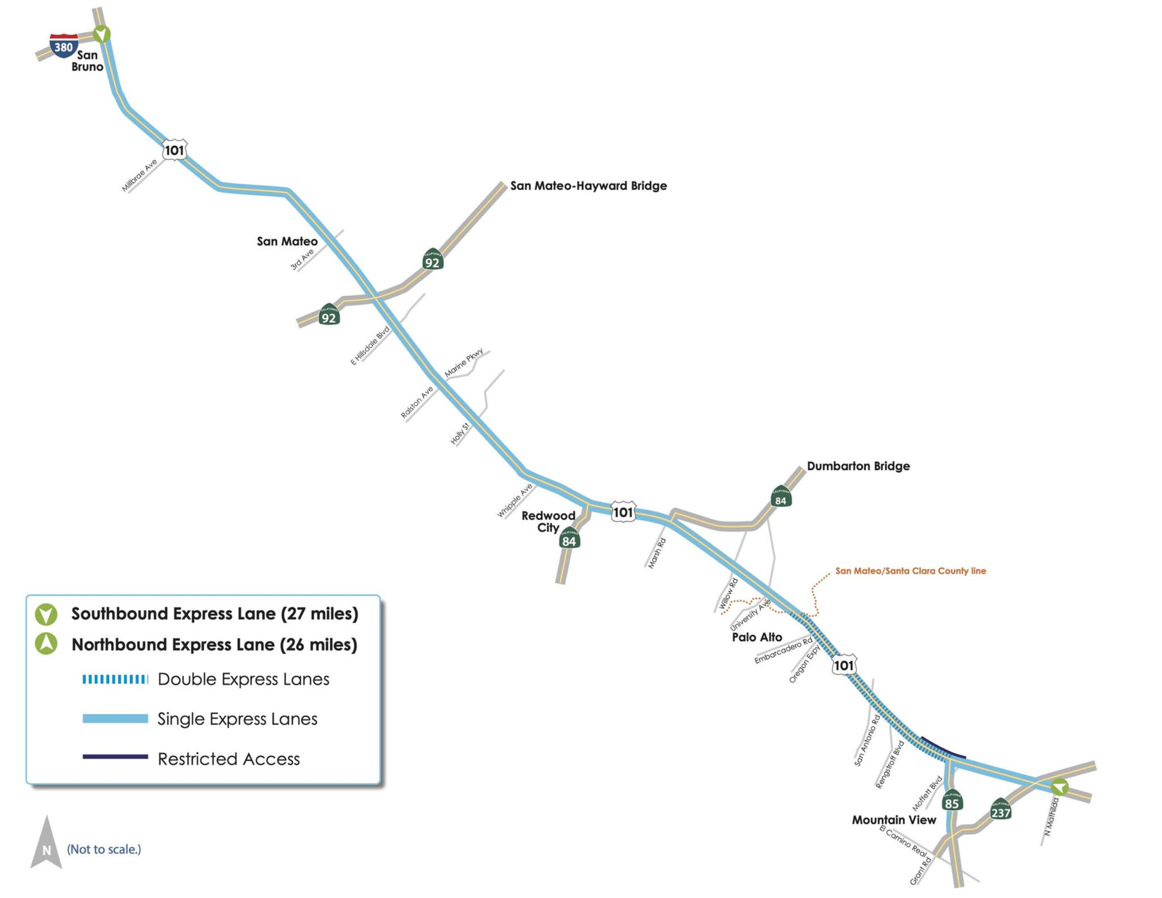 A highway map shows US 101 from San Bruno to Mountain View with express lanes marked as single and double, and includes nearby exits and bridges.
