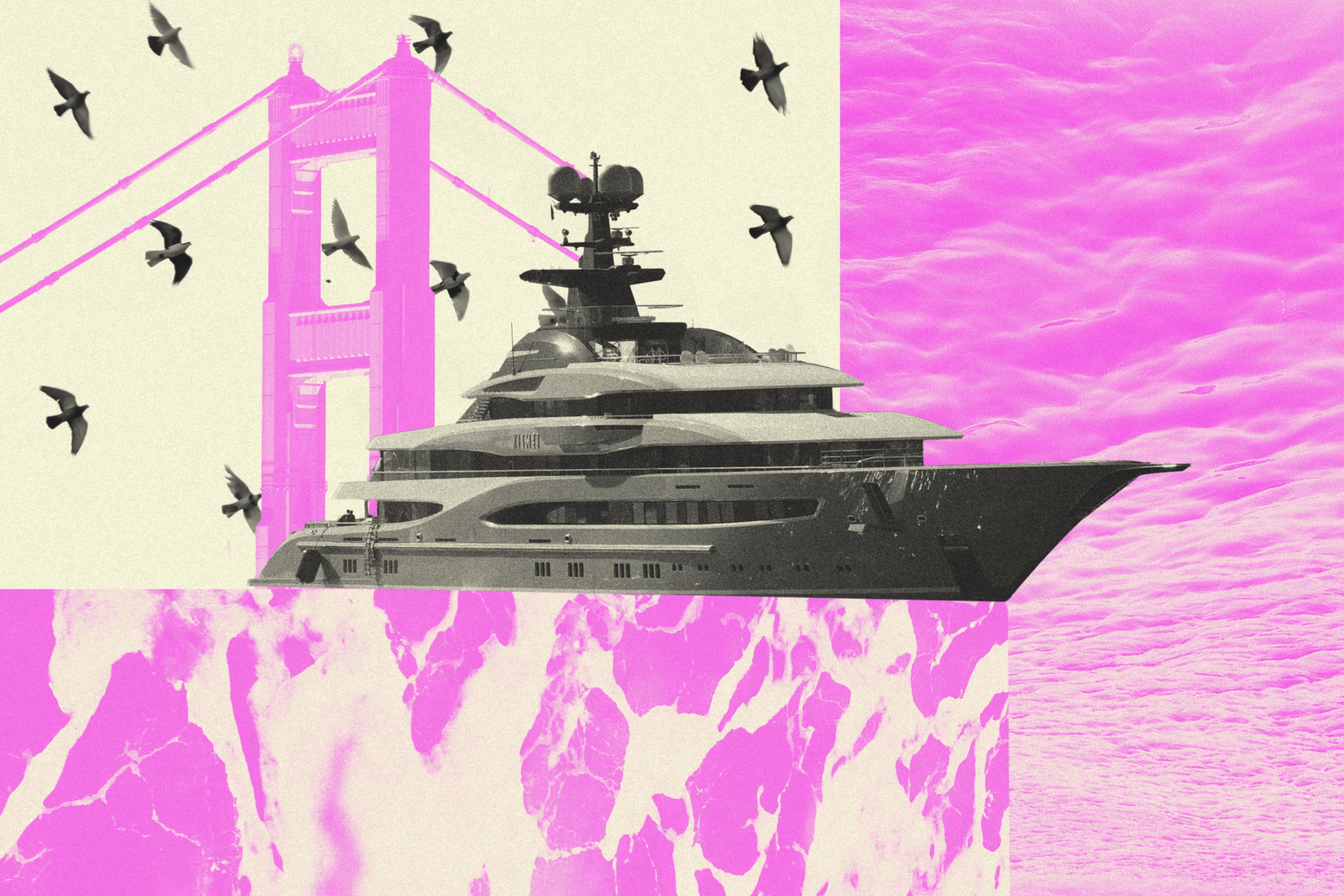 A large black yacht sails near a pink-hued suspension bridge, with black birds flying around and a pink marble and water texture background.