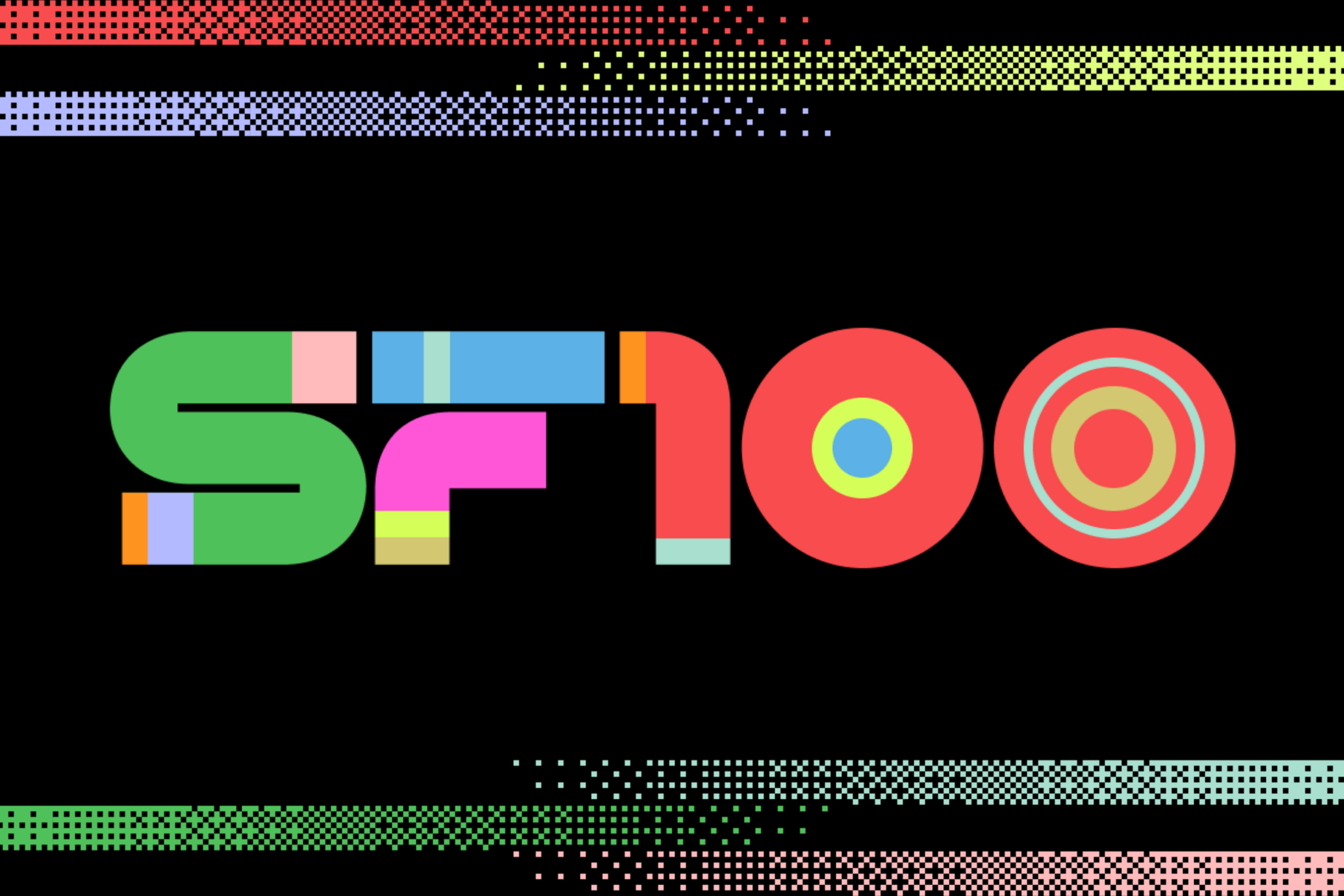 The image displays "SF100" in bold, colorful geometric shapes on a black background, with a border of pixelated dots in red, yellow, and green hues. test altax