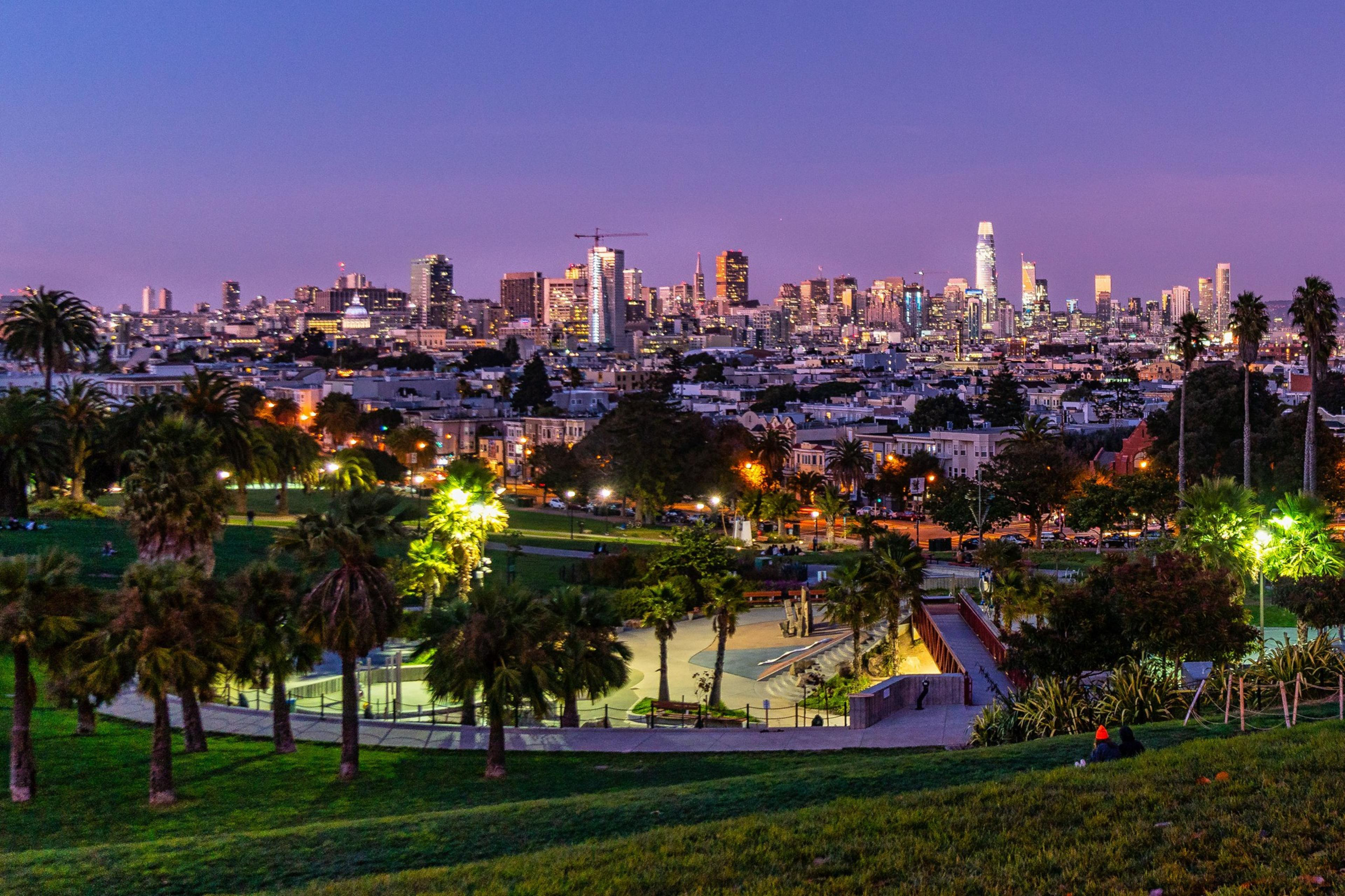 This image shows a twilight view of a city skyline with a park in the foreground, featuring palm trees, lit streets, and scattered buildings, under a purple sky.