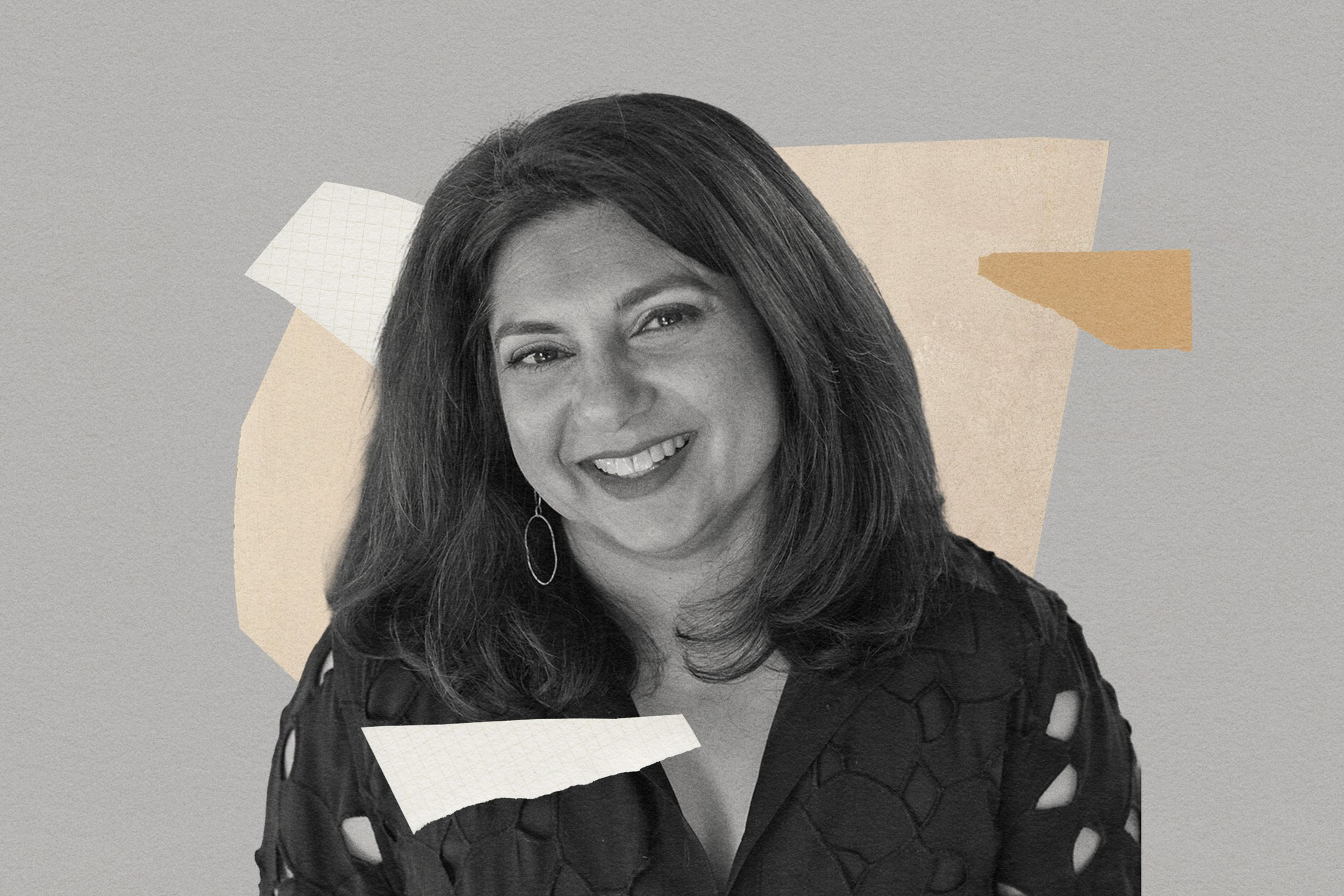 A smiling woman with shoulder-length dark hair wears a black patterned top and a single dangling earring, set against a muted, abstract background.
