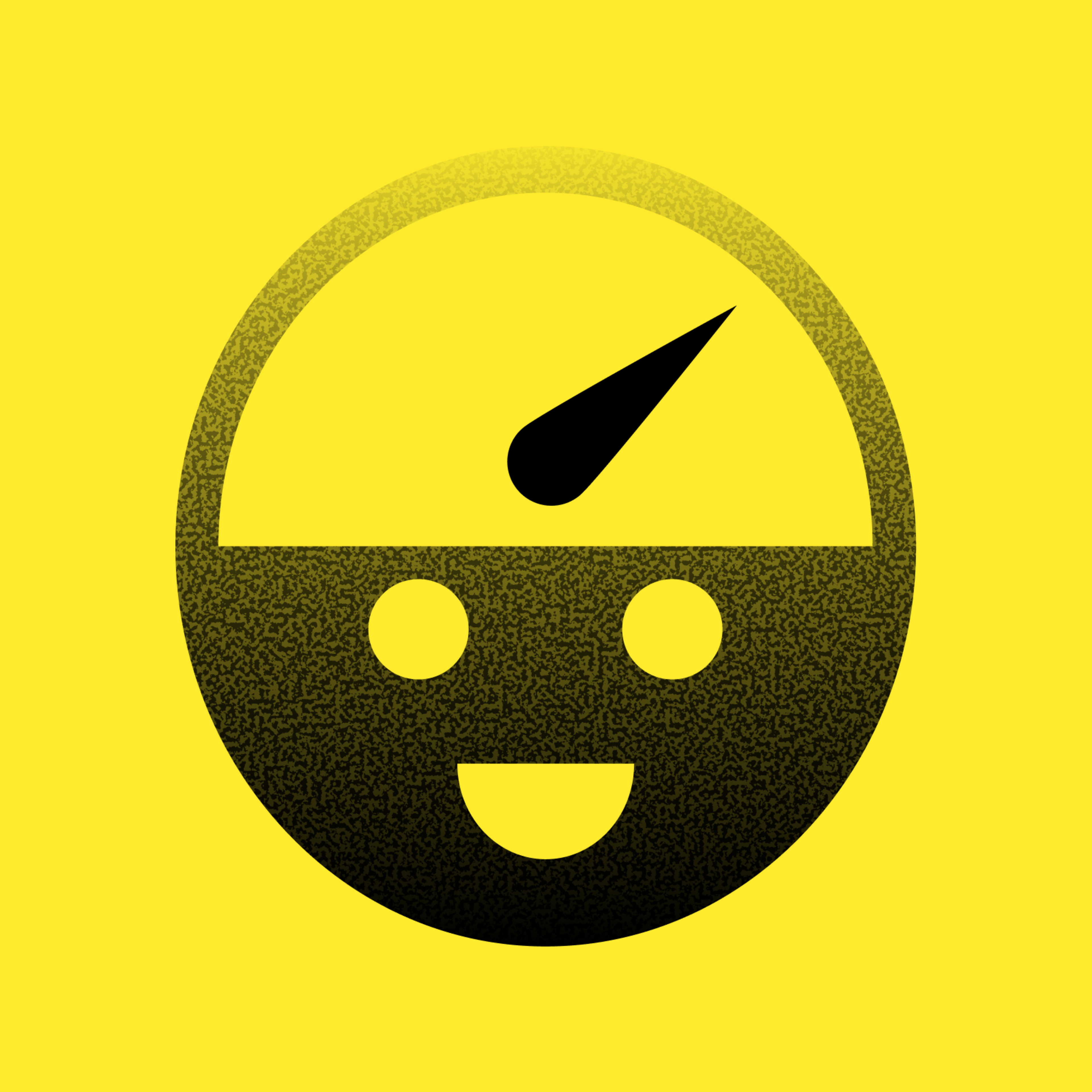 A smiling face with two eyes has a speedometer needle pointed up-right on its forehead, all in black on a bright yellow background.