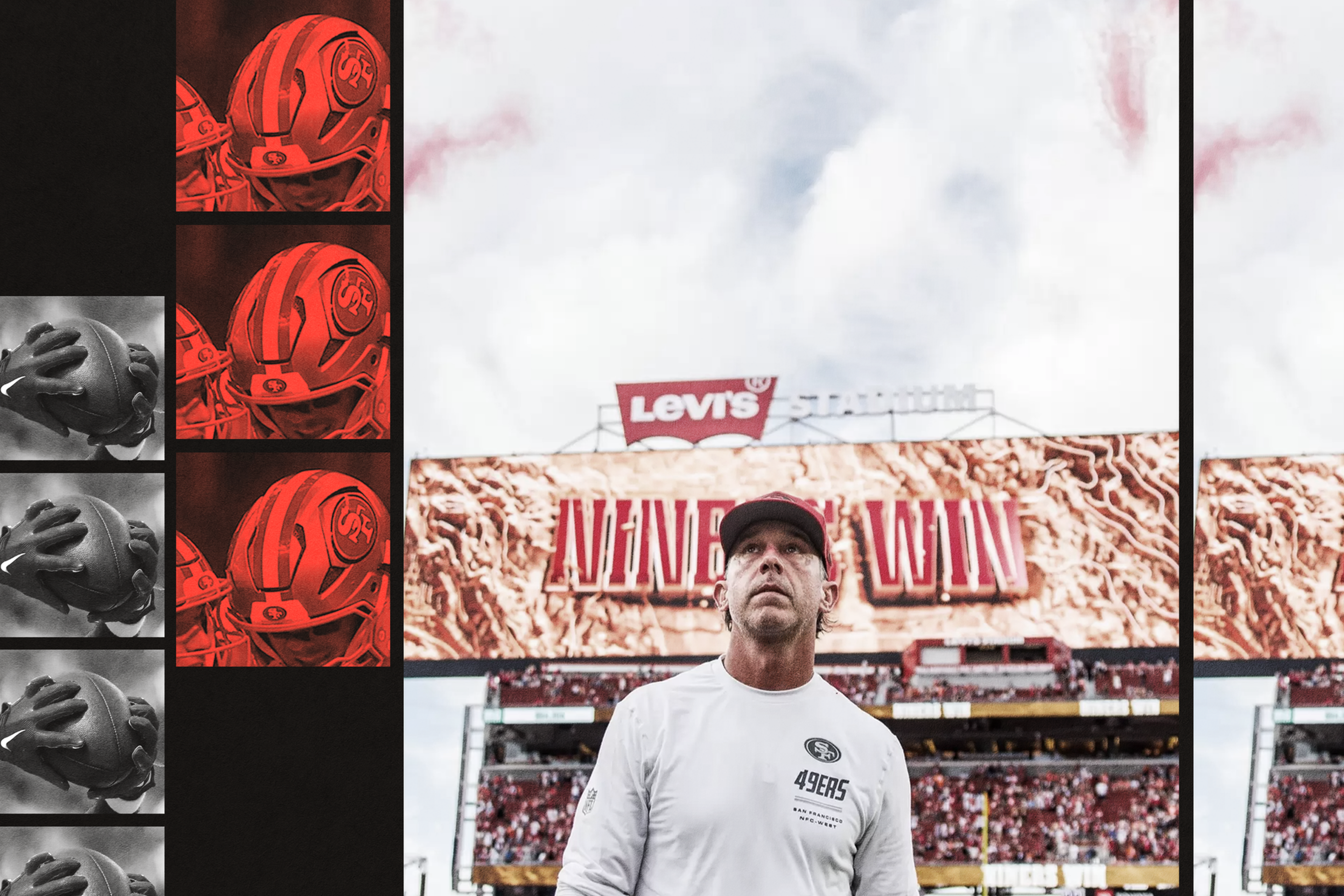 Чоловік у білому спорядженні 49ers стоїть перед стадіоном Levi's, "дев'ять перемог" відображається на екрані стадіону позаду нього.